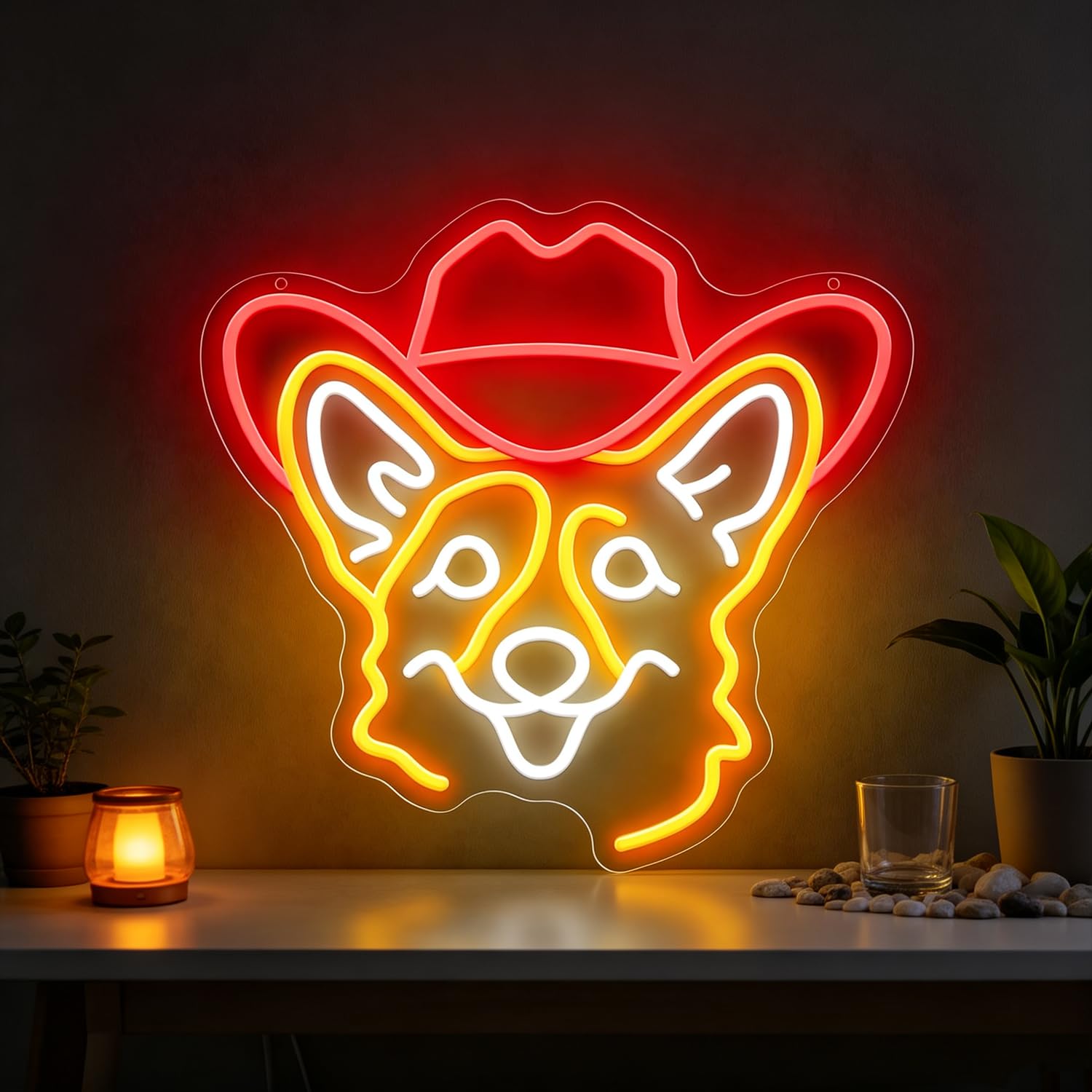 Corgi Neon Sign LED Neon Cowboy Hat Sign Light Up for Wall Decor, Dimmable USB Powered Neon Light for Pet Shop Bedroom Party Decor, Animal LED Light Up Sign for Birthday Gifts Boys Girls 12.99”x12.59”