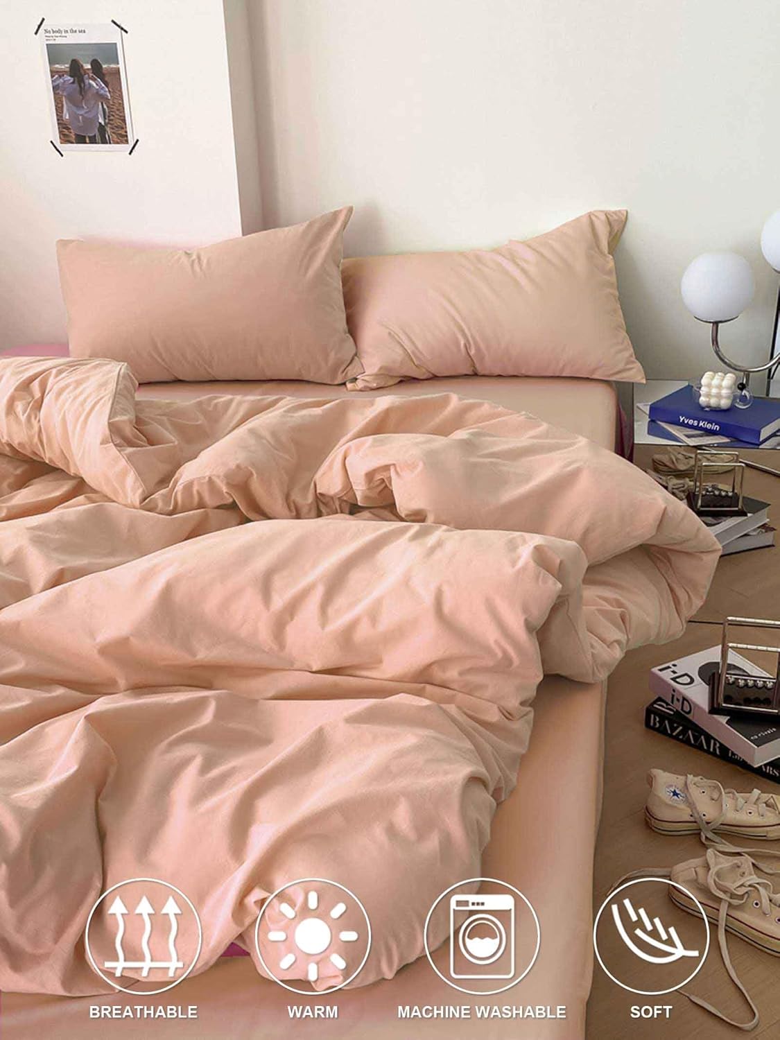 Nanko Peach Coral Queen Size Duvet Cover Set, Soft Luxury Microfiber Comforter Quilt Bedding Cover with Zip Closure Ties Bed Sets - Modern Farmhouse Style for Men and Women Teen, 3pcs 90 x90 inch