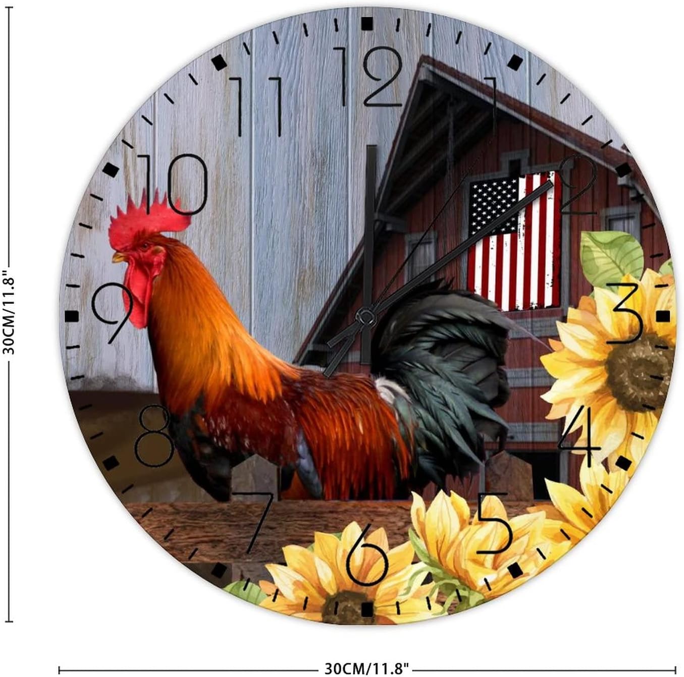 Wood Wall Clock Non-Ticking Quartz Battery Operated Rooster Barnyard Cockerel Design Sunflower Barn Rustic Wall Clocks Retro Rooster Oil Painting Sunflower Wall Decor for Entryway Garage Church 12"
