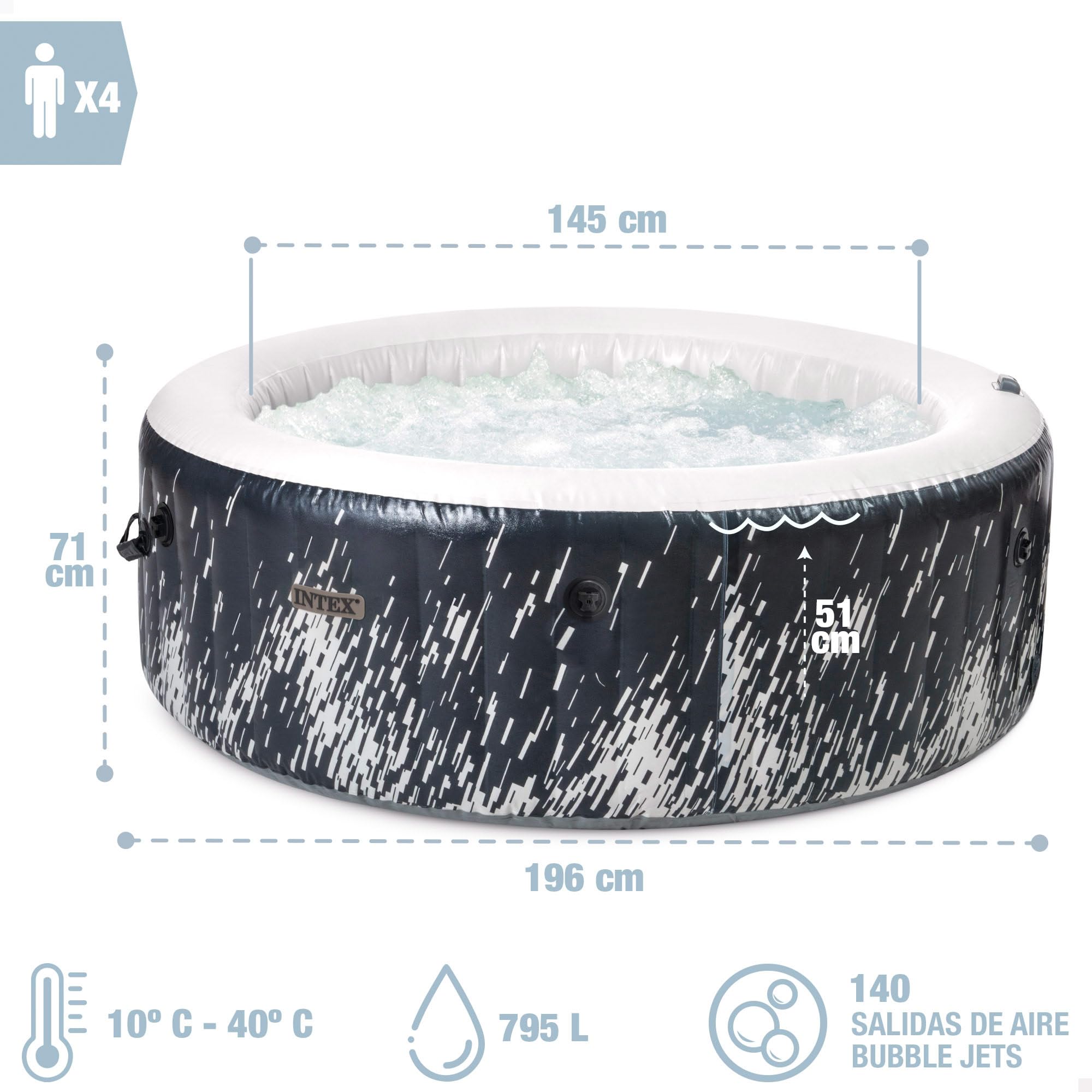 INTEX PureSPA Bubble Glow Deluxe In- & Outdoor Whirlpool aufblasbar für 4 Personen mit Ambientelicht (196x71cm) Wasserenthärtungs- & Salzwassersystem - 140 Massagedüsen - 2200 W Heizsystem (28494NP)