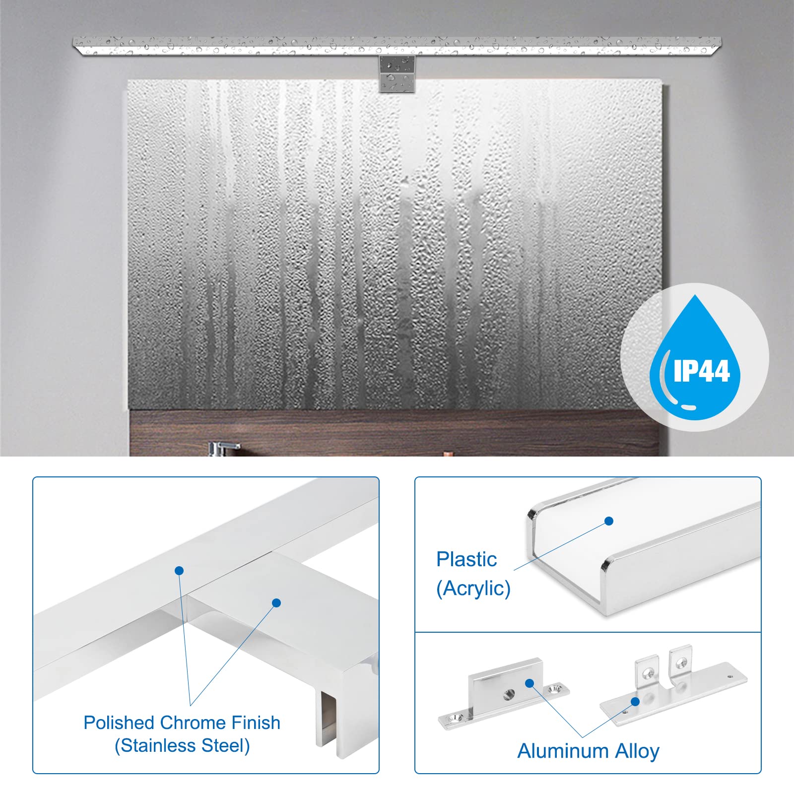 NIORSUN LED Lampara Espejo Baño 18W 80cm Temperatura de Color Dual 4000K 6000K, 2000lm Lampara Baño, Apliques Espejo de Baño Impermeable IP44, Se Pueden Instalar en Espejos/Gabinetes/Paredes（Plata）