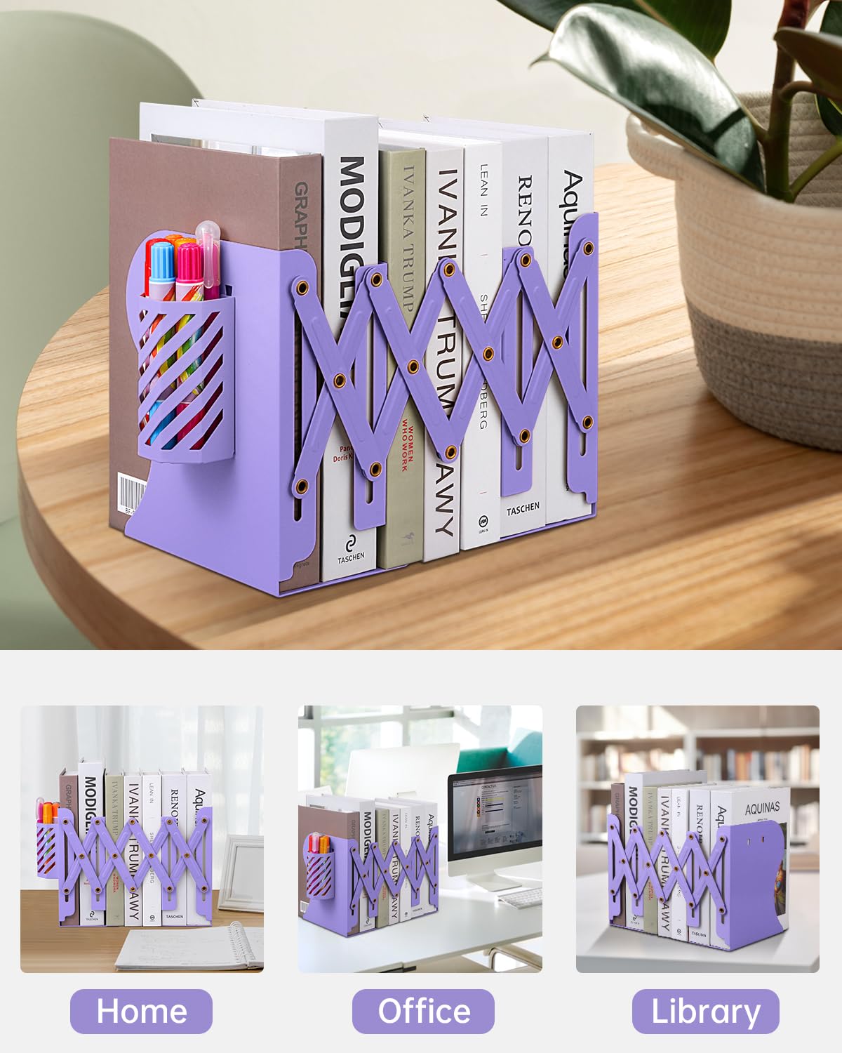 Honagu Sujetalibros ajustables, metal, morado (19 pulgadas, organizador personalizable para el hogar, oficina, escuela, libros, papeles, se extiende hasta 19 pulgadas, soporte para bolígrafos