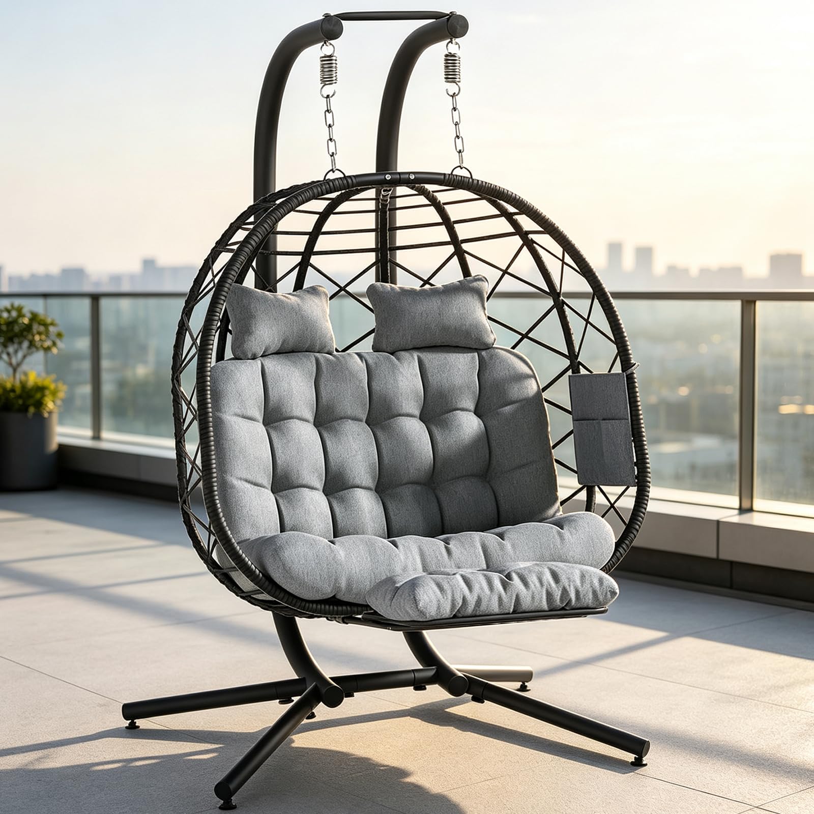 Suteck Double Hanging Egg Chair with Adjustable Footrest &amp; Stand, Grey