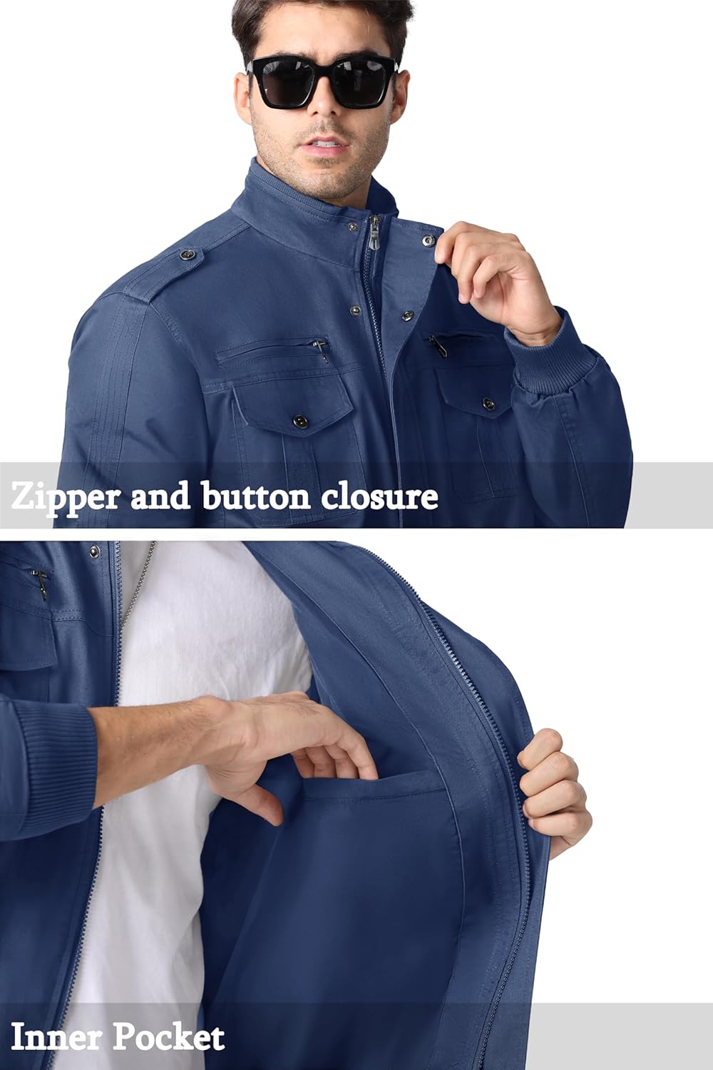 MAGNIVIT Men's Military Lightweight Army Windbreaker Cargo Jacket With Stand Collar, Zip Front, 7 Pockets - Cotton - Image 4