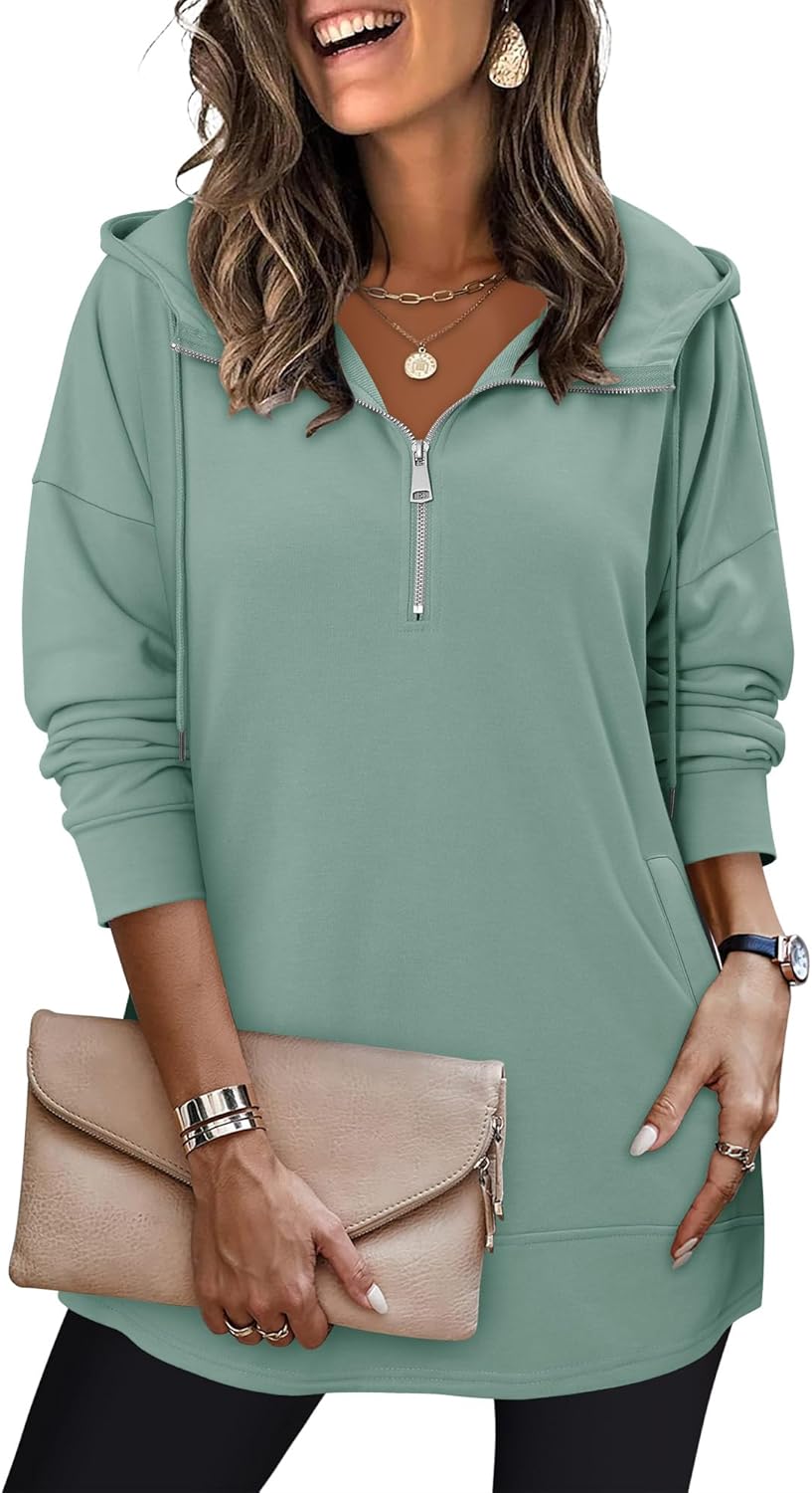 onlypuff Women Hoodie Pullover Trendy Quarter Zipper Lapel Sweatshirts Drawstring Cute Hooded Tunic Tops with Side Pockets - Image 3
