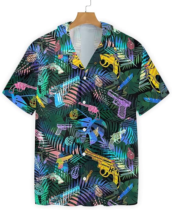 HYPERFAVOR Gun Hawaiian Shirt Tropical Gun Lover Pattern Casual Short Sleeve