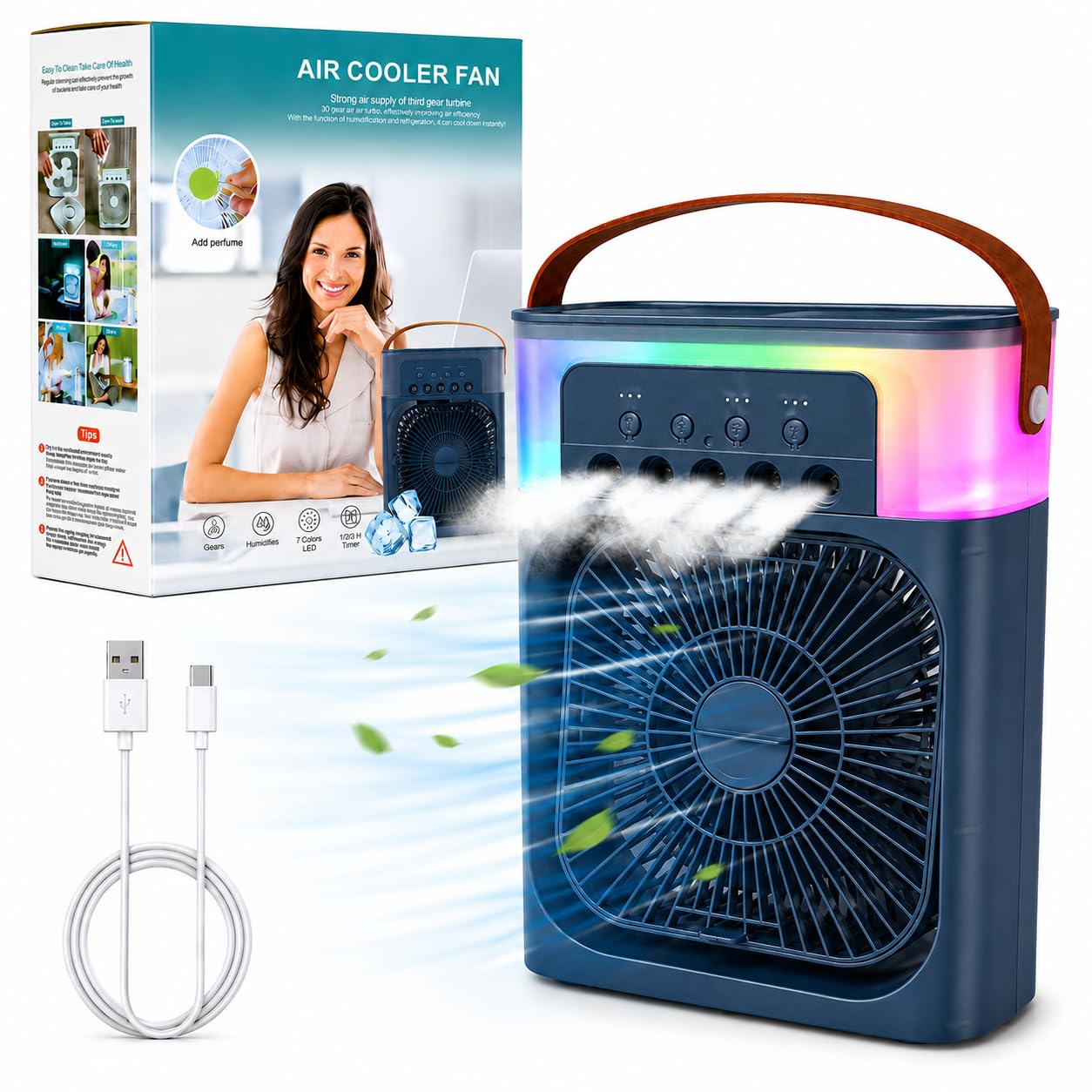 MIKANIX Mini Cooler Fan with Water Spray & LED Light | Portable Personal Air Conditioner with 1/2/3H Timer for Bedroom, Office & Kitchen (Blue)-image-39