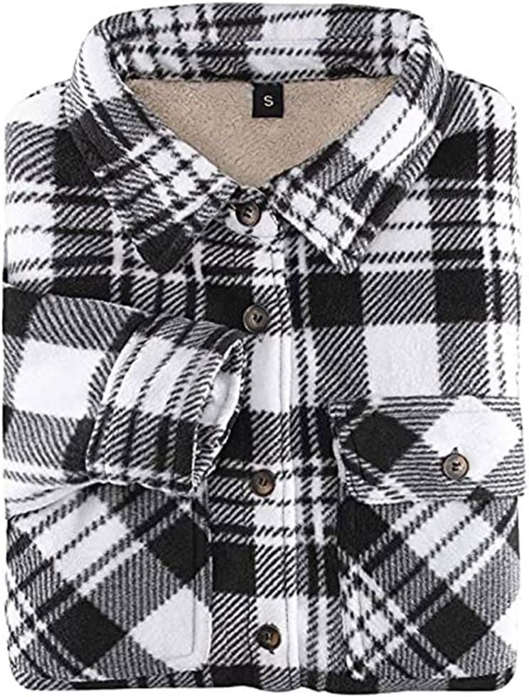 Lisskolo Women Fleece Lined Shirt Jacket with Hand Pockets, Plaid Button Down Sherpa Fleece Shacket Outerwear Flannel Jackets - Image 2