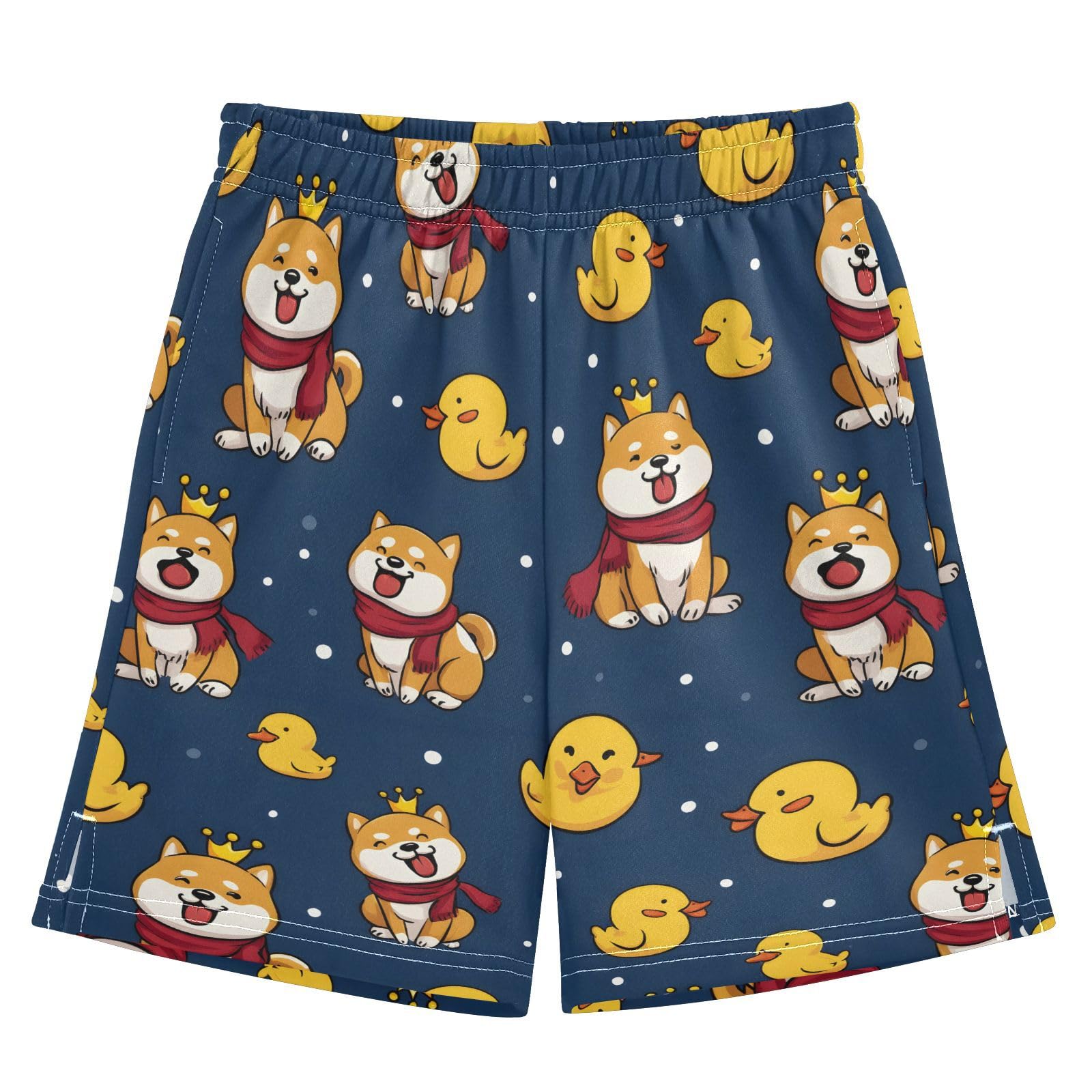 Crown Corgi Dogs Yellow Ducks Boys' Shorts Summer Cotton Adjust Pocket Boys Shorts Size 8 Years