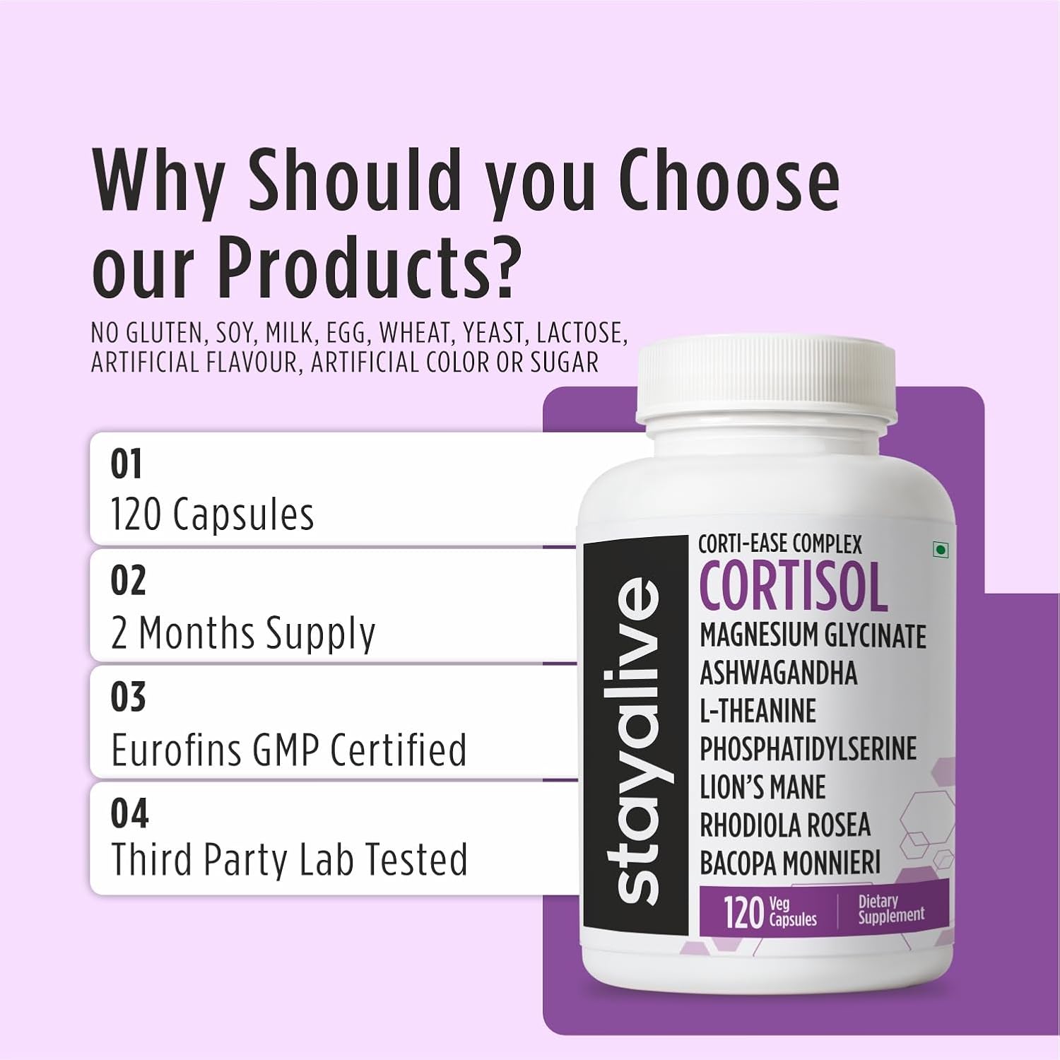 STAY ALIVE Cortisol Manager Supplement 15-in-1 Complex w/L-Theanine, Ashwagandha, Magnesium Glycinate, Phosphatidylserine and More, 120 Veg Capsules, Non-GMO & Gluten-Free Formula for Women and Men - Image 6