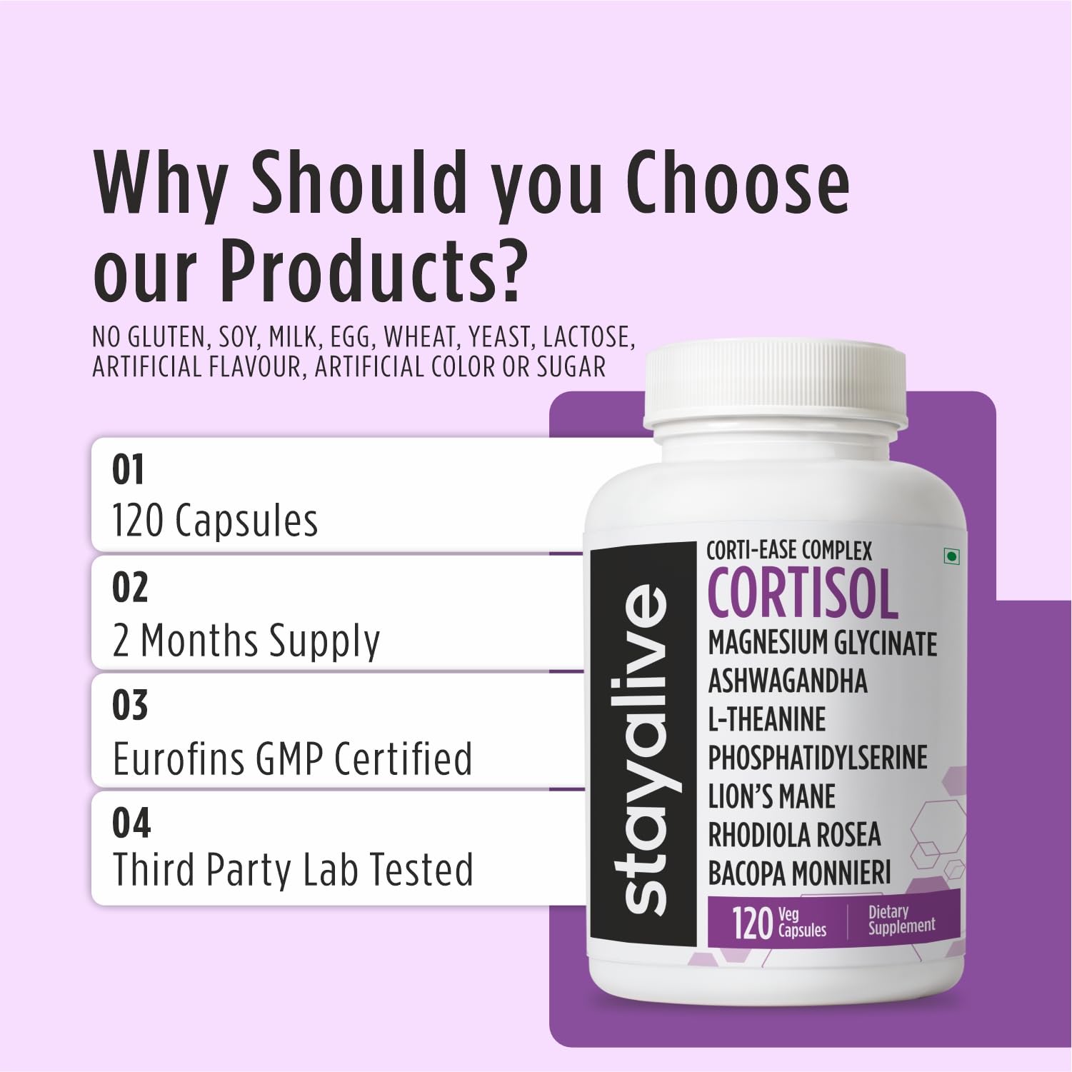 STAY ALIVE Cortisol Manager Supplement 15-in-1 Complex w/L-Theanine, Ashwagandha, Magnesium Glycinate, Phosphatidylserine and more, 120 Veg Capsules, Non-GMO & Gluten-Free Formula for Women and Men 4