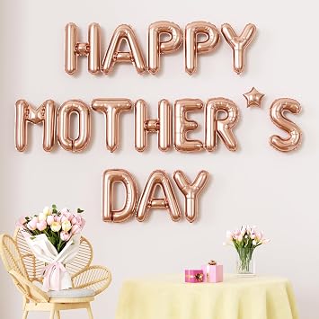 Happy Mothers Day Balloons Banner, Rose Gold Mothers Day Foil Balloons, 16 Inch Happy Mothers Day Letter Balloon with Star, Mylar Balloon for Mothers Day Decorations, Gifts for Mom