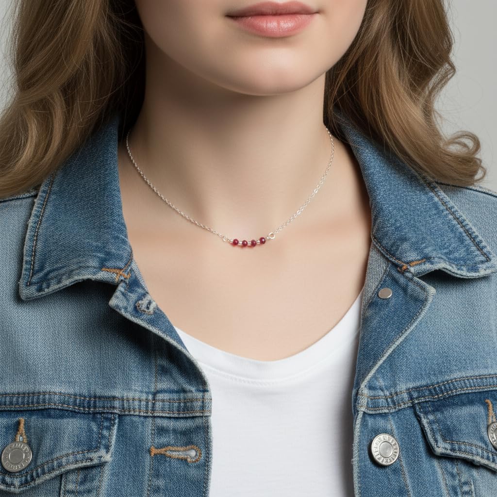 EnCharmed Sterling Silver Ruby Delicate Choker, Handmade Minimal Dainty Gemstone Necklace, Adjustable Length 14-17 Inches, July Birthstone - Image 2