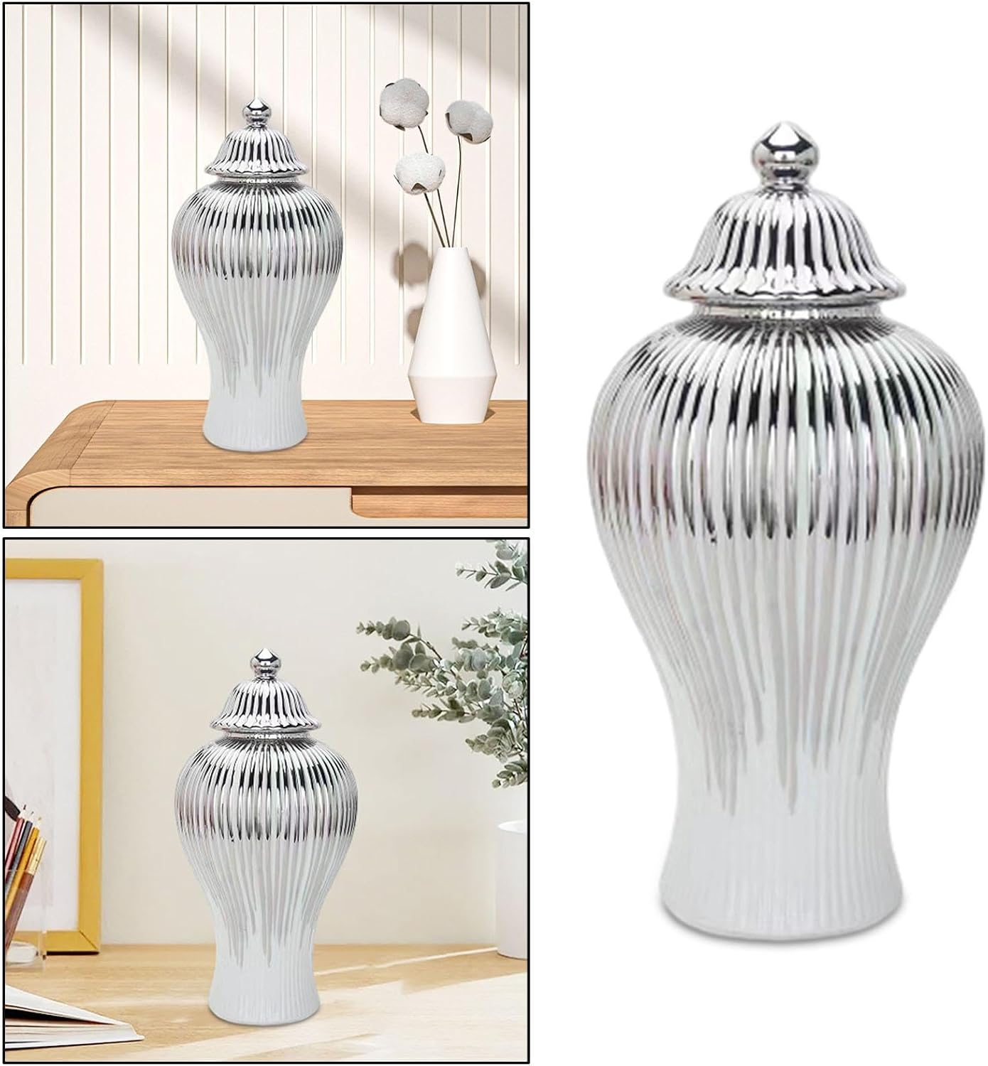 Ceramic Ginger Jar Ceramic Vase with Lid Chinese Floral Arrangement Flower Vase Storage Jar Temple Jar for Entryway Home, White and Silver