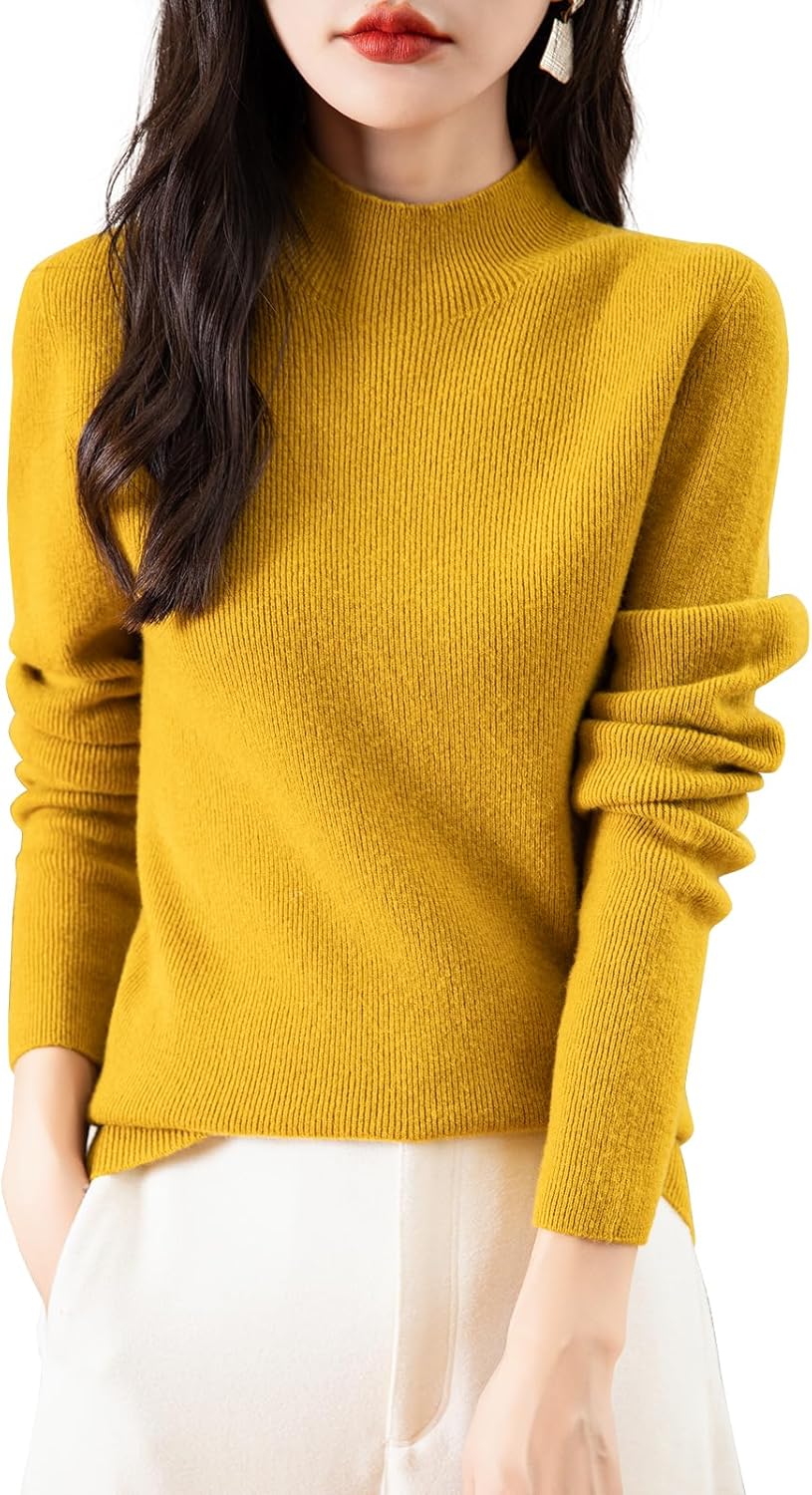 Chanyarn Women's 100% Merino Wool Seamless Sweater Mock Neck First-Line Ready to Wear Long Sleeve Ribbed Knit Pullover