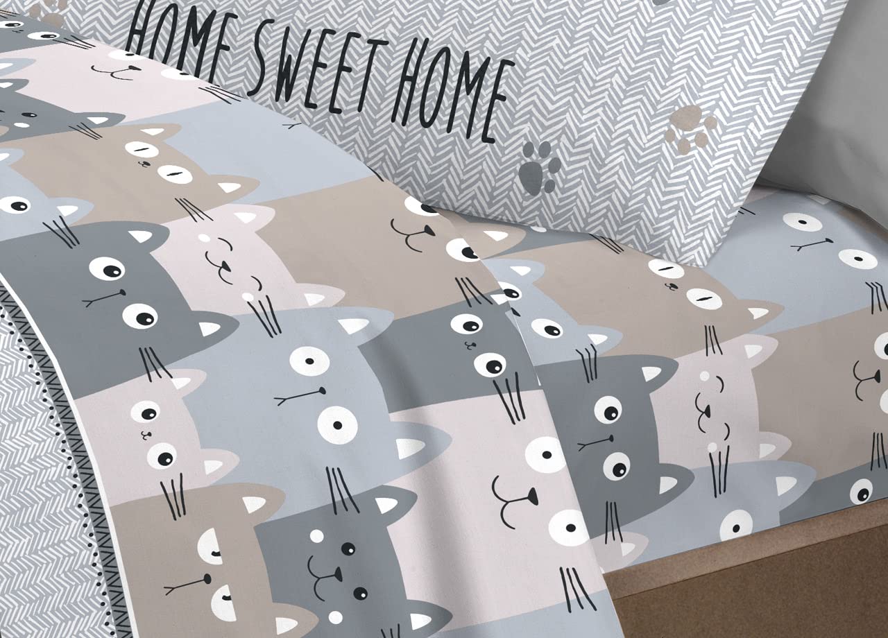 BIANCHERIAWEB Completo Lenzuola Letto Pensieri Delicati 100% Cotone Disegno Happy Cat Matrimoniale Grigio