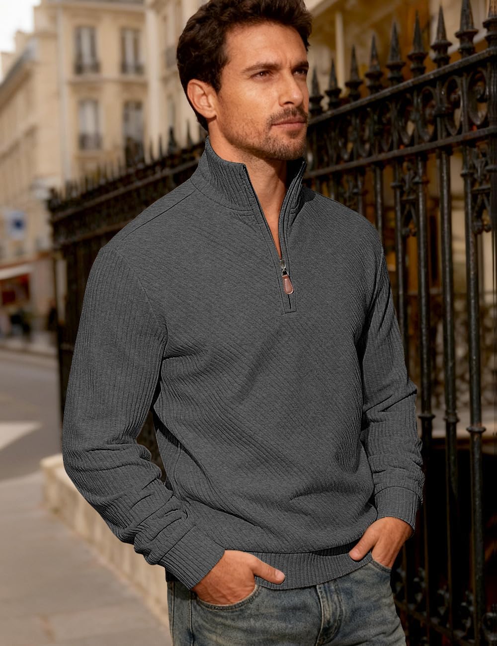 Mens Sweatshirt Pullover Quarter Zipper Sweater Casual Long Sleeve Stand Collar Sweaters - Image 2