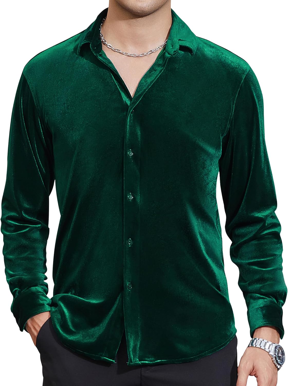 Damipow Mens Luxurious Velvet Dress Shirts Long Sleeve Casual Button Down Shirt for Wedding Party