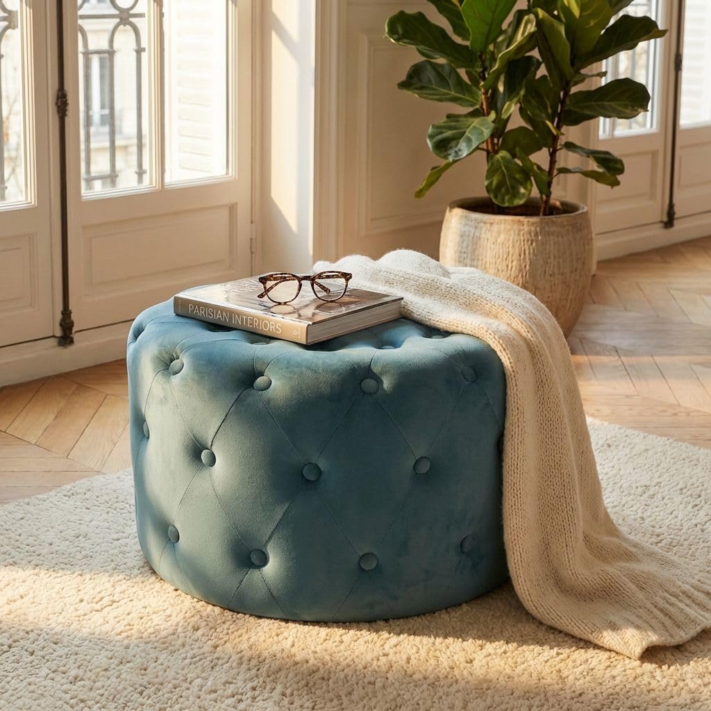 milani home - pouf rotondo, velluto, seduta poggiapiedi, verde, 67 x 67 x 41 cm