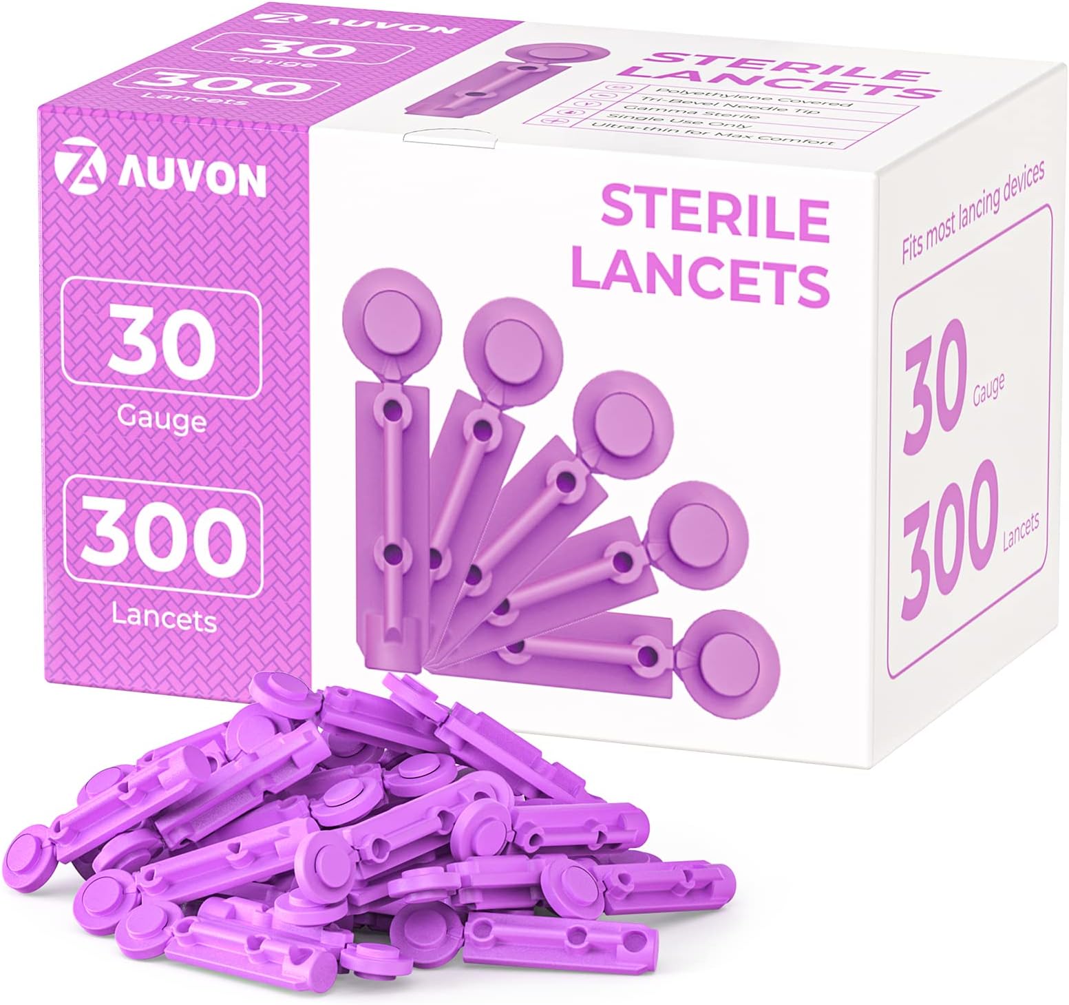 AUVON Blood Lancets, 30 Gauge 300 Twist Top Lancets with Less Pain Design Fit Most Standard Lancing Devices for Blood Sugar Kit and Glucose Meter - Purple