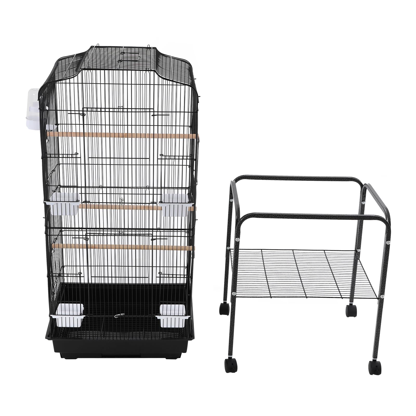 Jaula para pájaros de metal sobre pie, pajarera sobre ruedas, bandeja extraíble, bebedero y cuencos incluidos, 3 perchas, 47 × 37 × 137,5 cm, para calopsitas e inseparables (negro)