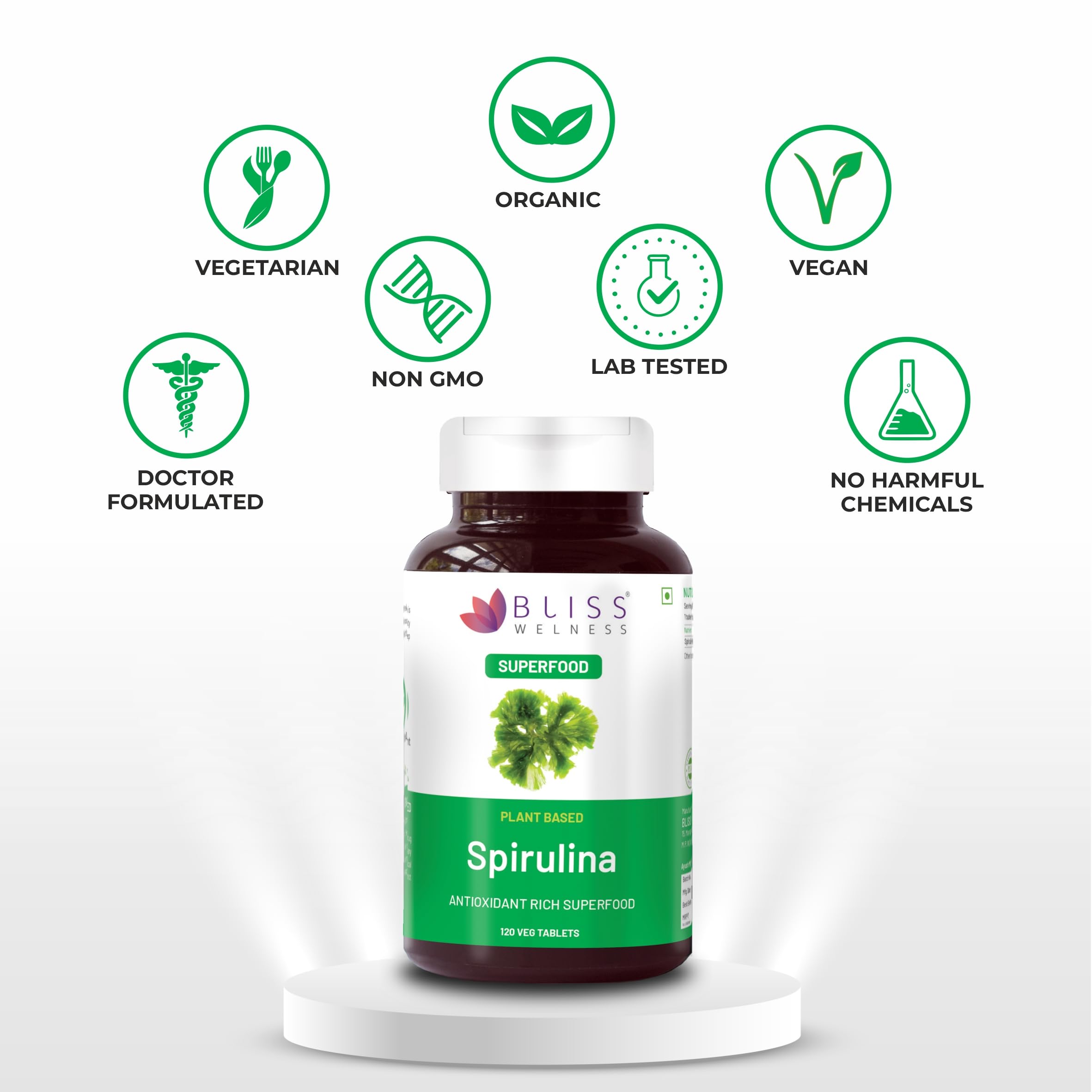 Bliss Welness Spirulina 1000 MG Daily Superfood, Immunity Booster with Rich Antioxidant, High Energy Detox Vegetarian Health Supplement - 120 Tablets — Amazon image 6