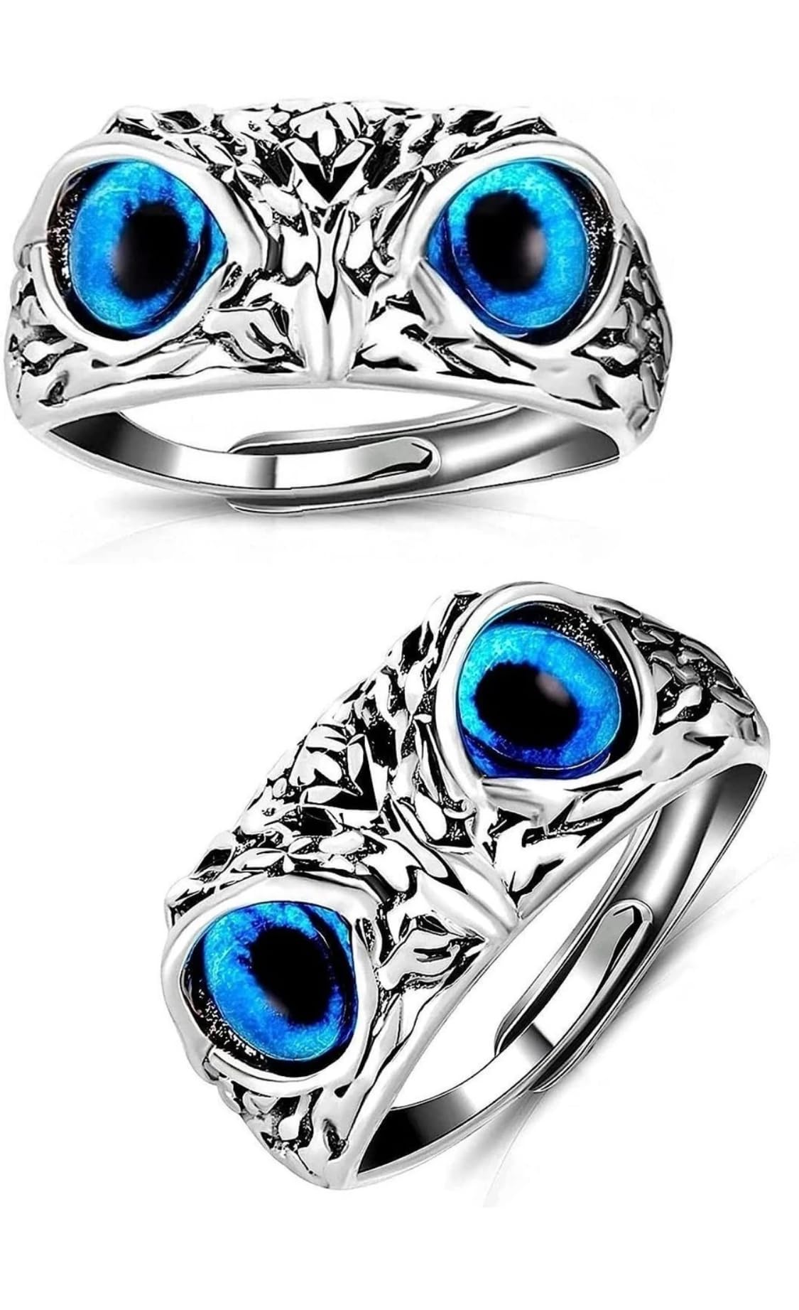 Owl Eye Adjustable Ring for Men and Women, Stainless Steel, Blue Eyes, 2 Pieces-picture-51