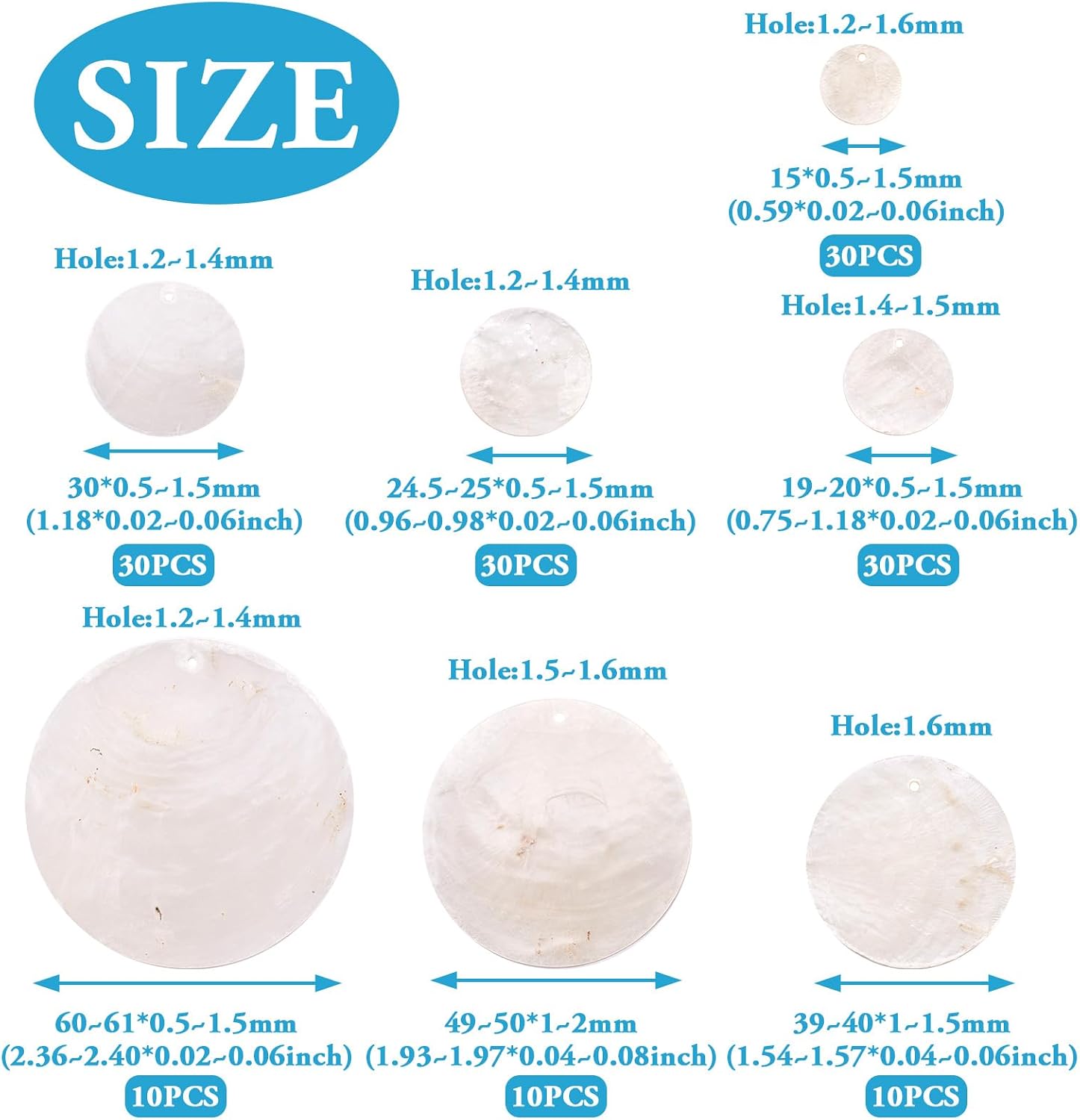 Beadthoven 150pcs Natural Capiz Shell Beads All 7 Sizes White Seashells Pieces with Hole for Crafting Flat Round Oyster Shell Disc Sea Shells for Wind Chime Boho Decor Earrings Jewelry Making DIY
