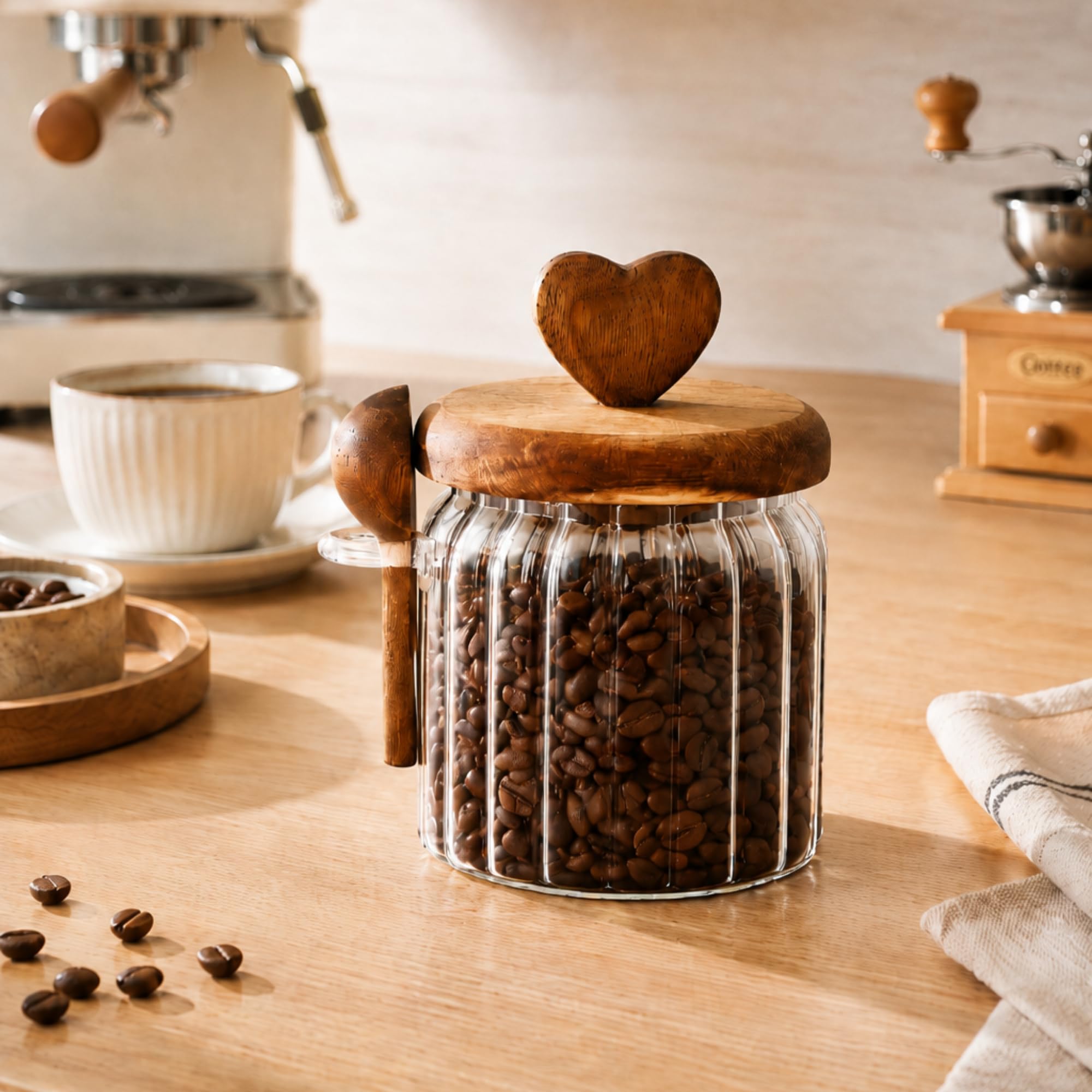 Akasya Kapaklı Cam Kavanoz 460 ML Kaşıklı | Hava Geçirmez Baharatlık Çay Kahve Şeker Saklama Kabı