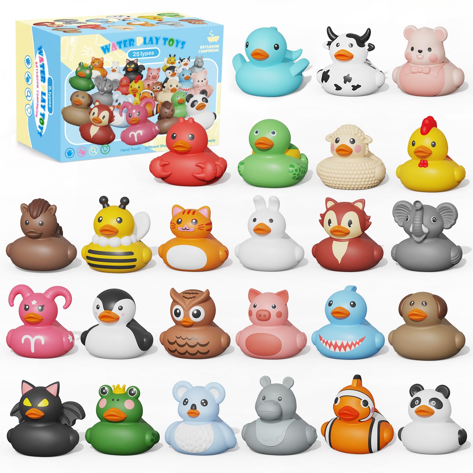 25PCS Rubber Ducks,Toddler Bath Toys,No Hole Bathtub Toys,Baby Pool Toys for 18 Months and Older