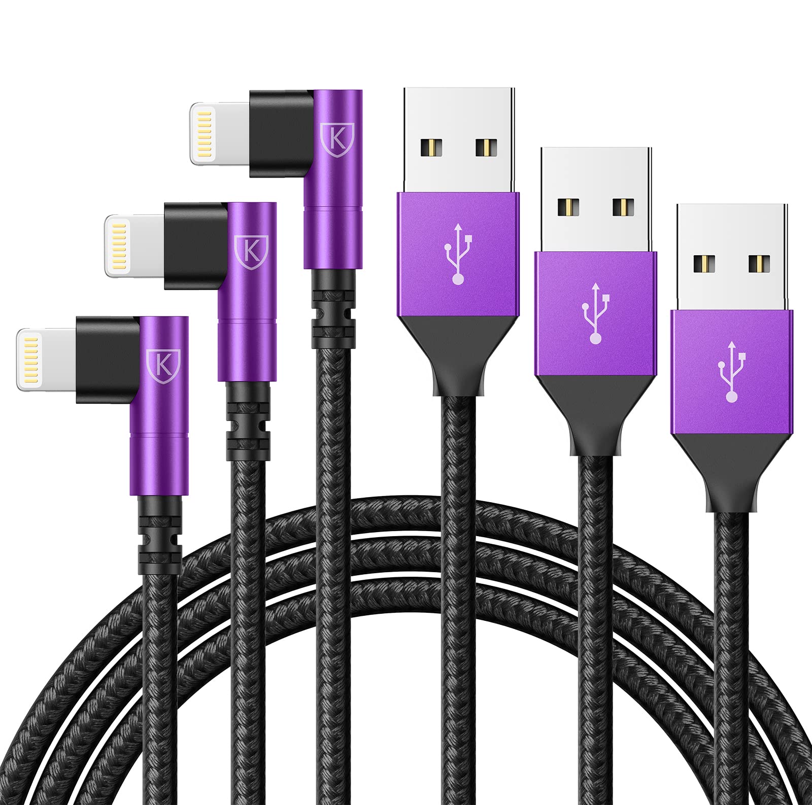 KIYODA iPhone Charger Cable 6ft, 3 Pack Lightning Cable, 90 Degree Nylon Braided Gaming Charging Cord, USB to Lightning Cable Compatible with 13 12 11 Pro XS MAX XR X 8 7 6S Plus SE iPad iPod, PurpleClimatePartner certified