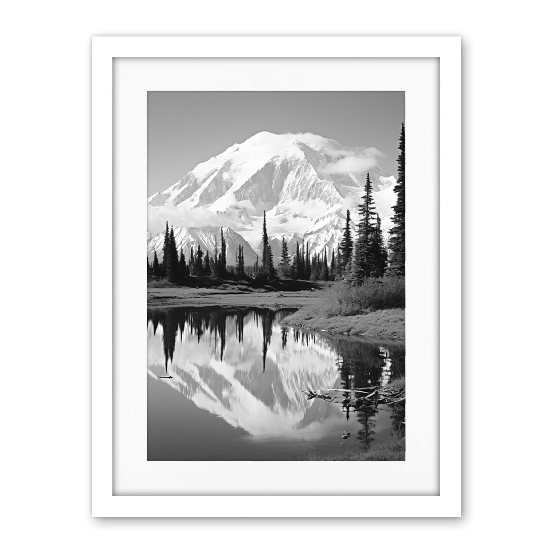Artery8 Mount McKinley Reflecting on Wonder Lake Tranquil Water Black and White Photograph Scenic Mountain Valley Landscape Artwork Framed Wall Art Print 18X24 Inch