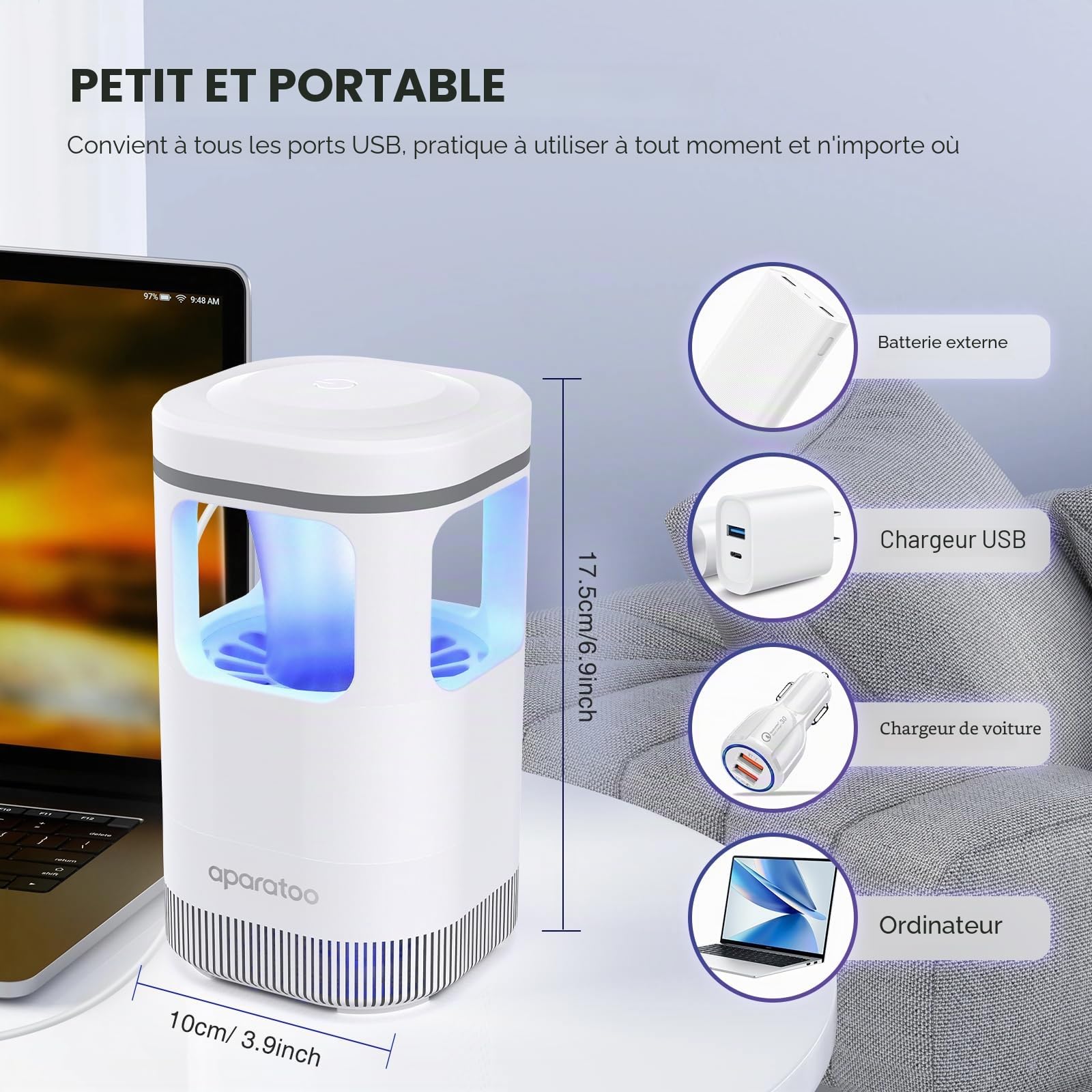 Anti Moustique, Electric Anti Mouche Powerful UV Moustiques Zapper, USB Charge Lampe Anti Moustique Interieur,180°Lumière Tueuse de Moustiques pour Indoor, Outdoor, Bedroom, Kitchen, Office