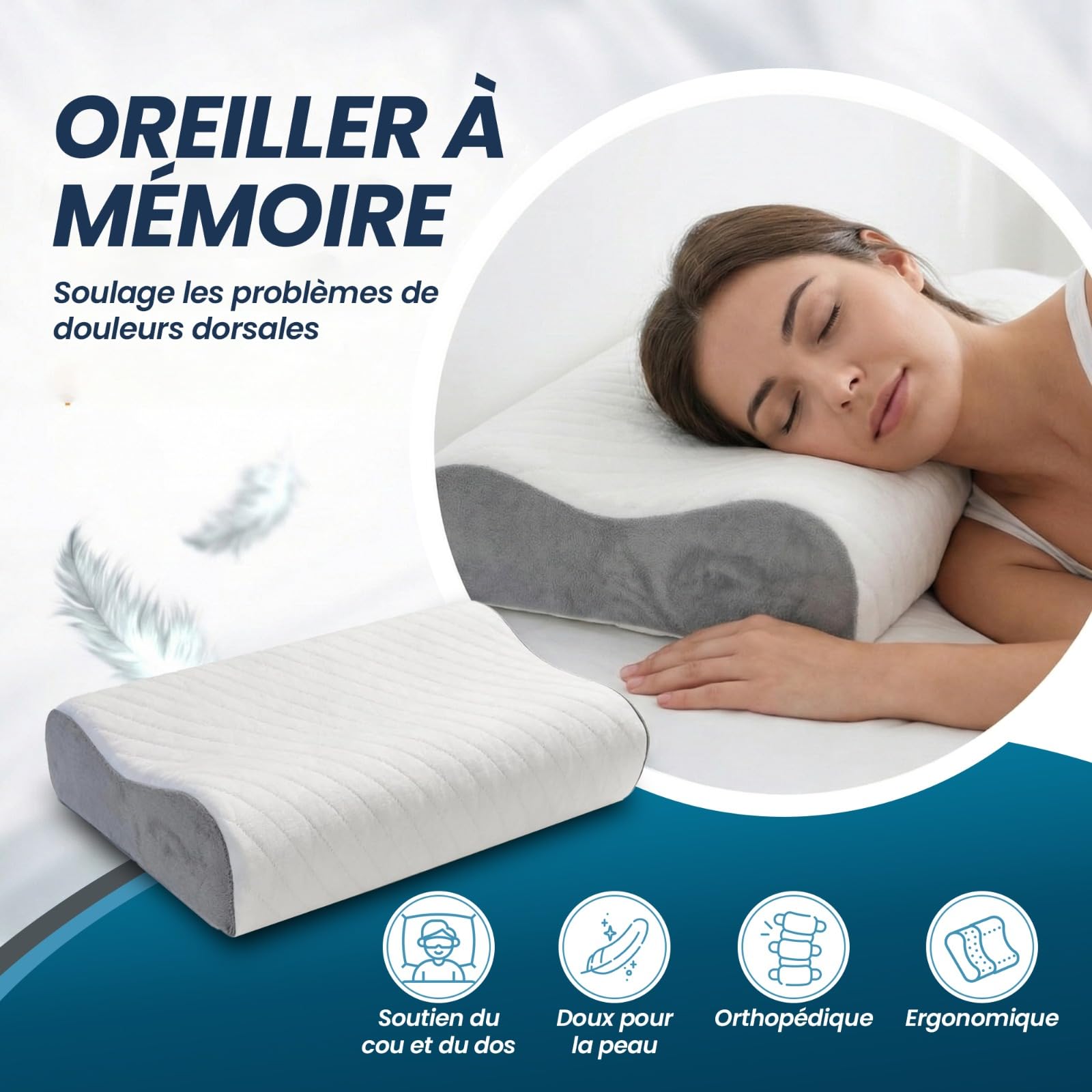 Oreiller Ergonomique Cervical à Mémoire de Forme, Coussin Orthopédique pour Nuque 60x35cm, Oreiller Anti Ronflement pour Dormeurs Dos Côté Ventre, Housse Amovible Lavable en Machine à 40°C