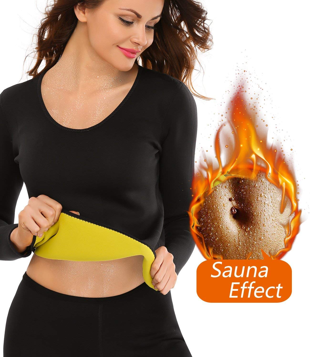 NOVECASA Sauna Sweat Vest Long Sleeve Shirt Woman/Slimming Workout Trousers Shorts Sweatpants Neoprene Fitness Corset for Sweating, Fat Burning, Abdominal Slimming (XL, Shirt)