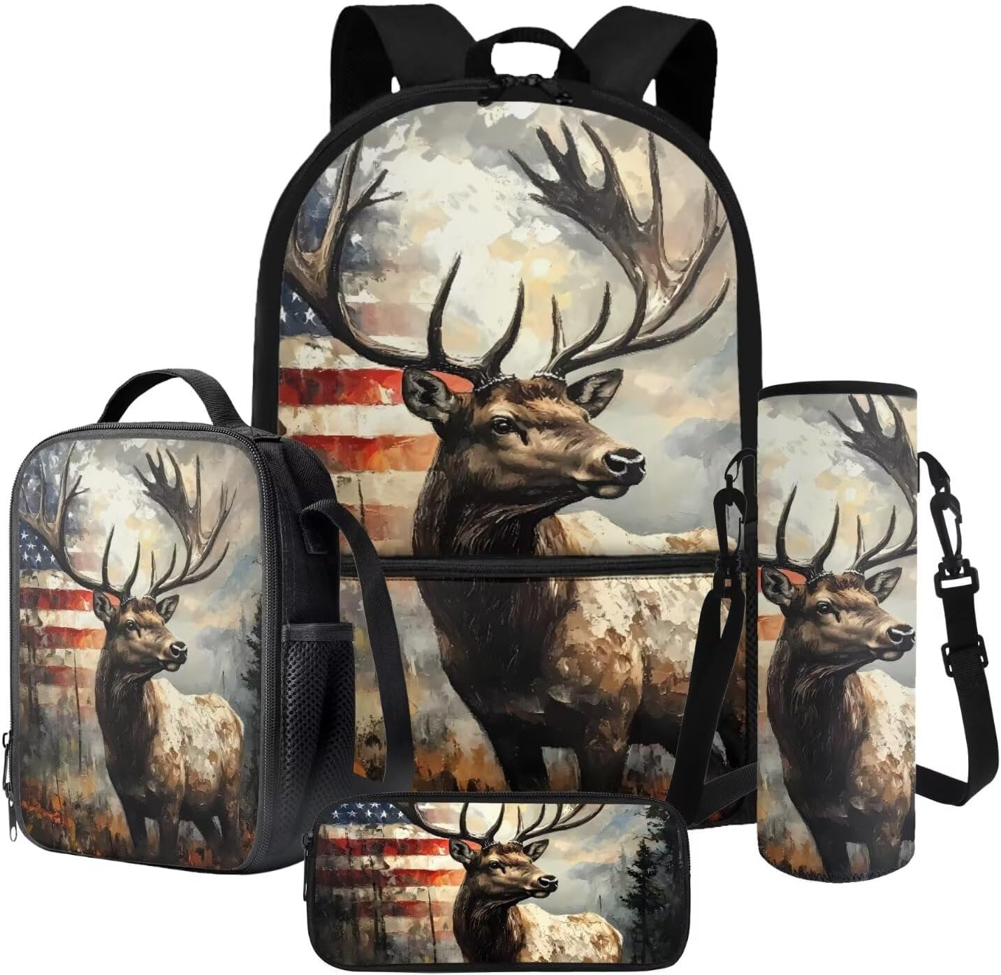Grunge Elk Deer American Flag Print 4 Pcs Schoolbag Set Large Capacity Backpack with Insulated Lunch Box Pencil Case Water Bottle Holder Bag for Boys Bookbags Casual Daypack