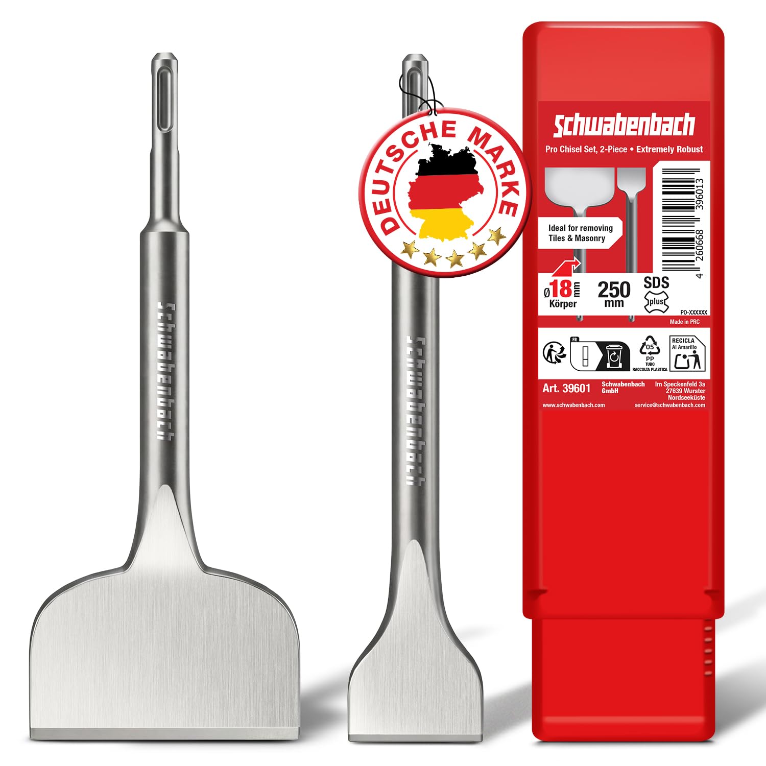SCHWABENBACH® Cincel para azulejos Sds Plus – 2 piezas 250 mm de largo – Cincel plano Sds Plus 50 mm + cincel espada extra ancho 100 mm – Juego de cincel Sds Plus – Juego de cincel para martillo