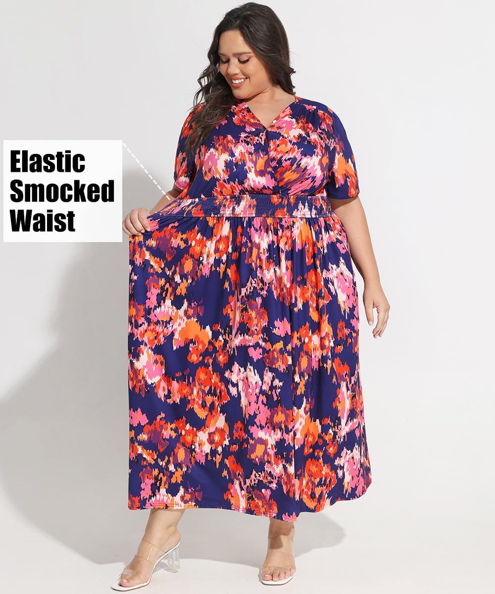 CARCOS Plus Size Dresses for Curvy Women V Neck Summer Maxi Dress Short Sleeve Floral Boho Dress Smocked Waist Beach Dress - Image 5