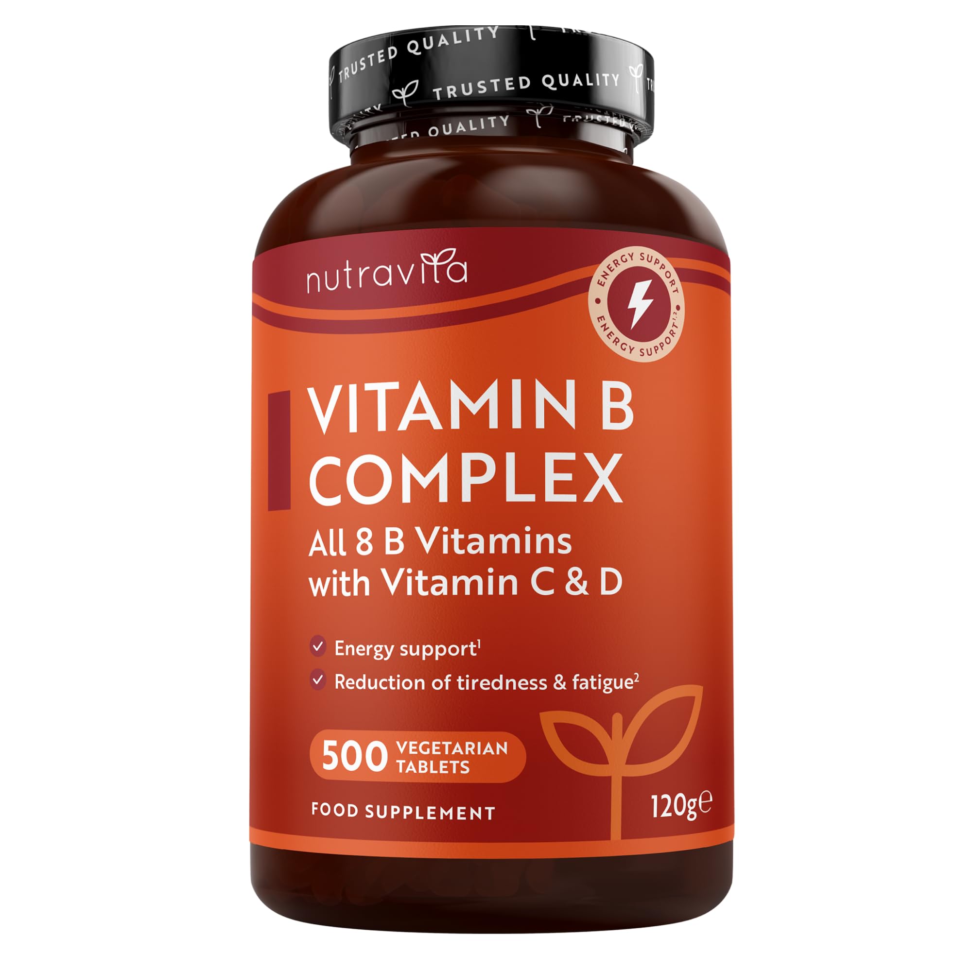 Vitamin B Complex High Strength with Vitamin D + Vitamin C 500 Tablets for +1 Year of Supply, Energy-Yielding Metabolism - Reduction of Tiredness & Fatigue (EFSA) Made in The UK