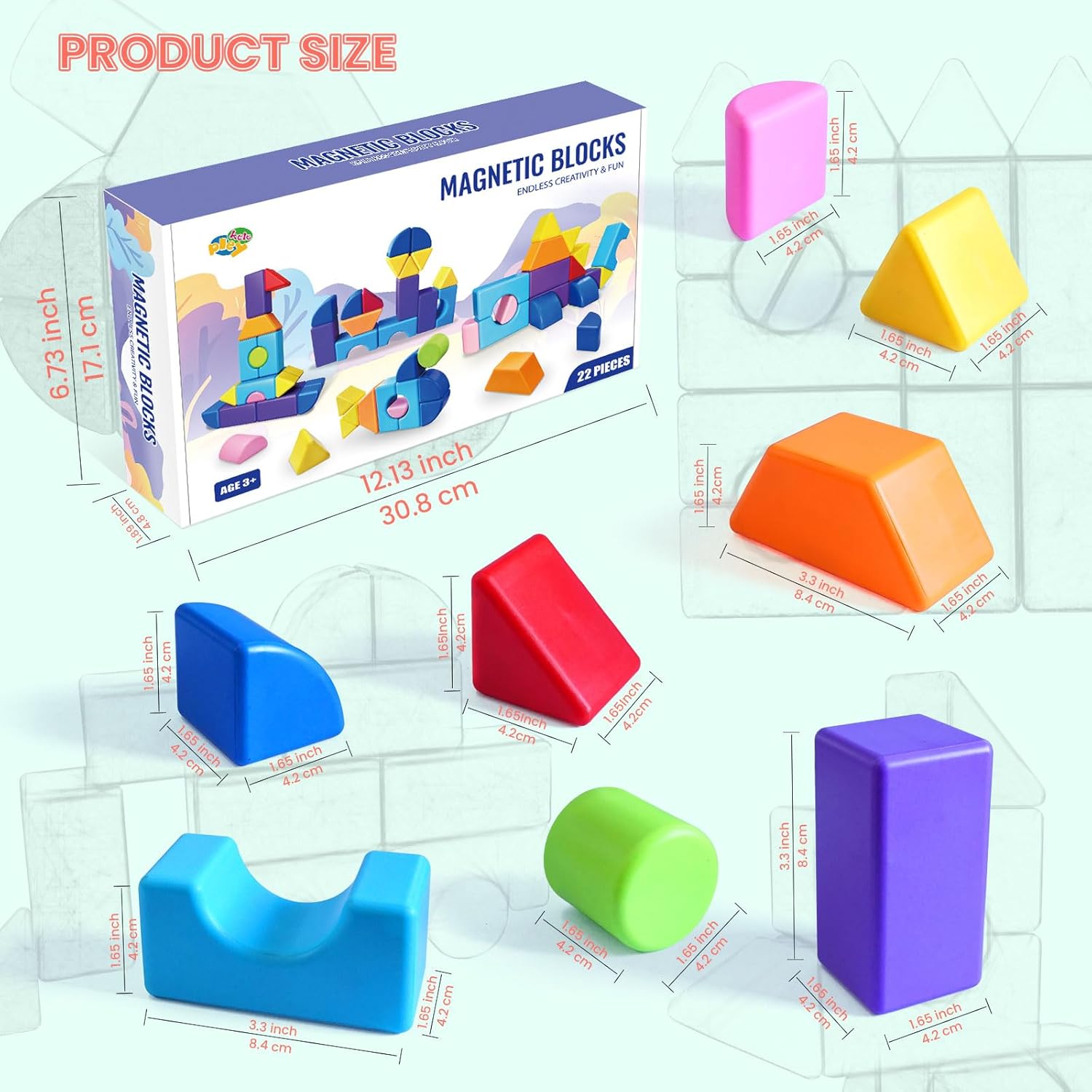 Big Magnetic Building Blocks, 1.65 Inches Multi-Shape Magnet Toy Set for Toddlers, 8 Colors Montessori Sensory Construction Tiles for Boys and Girls 3 4 5 6 Years Old (22PCS)