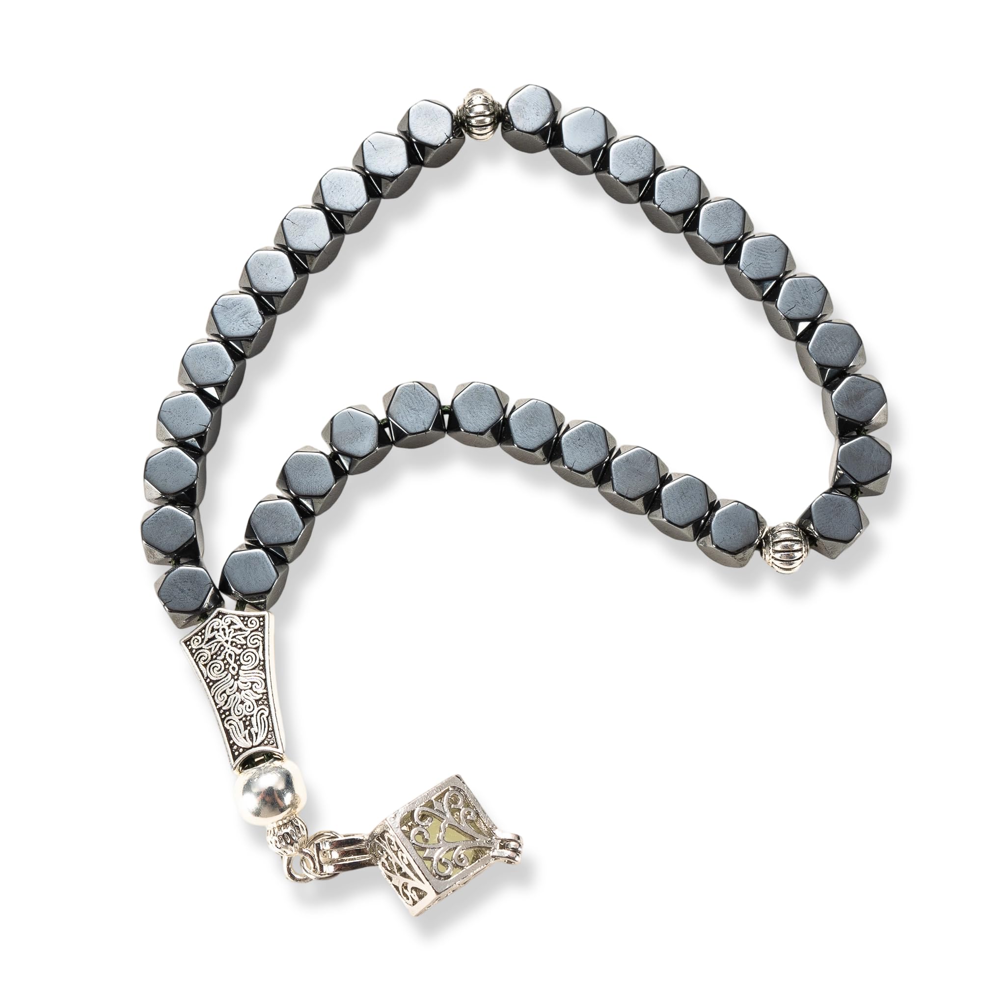 Slivery Hematite Tasbih with Glow Charm – 33 Geometric Beads for Islamic Prayer – Includes Gift Box for Ramadan or Umrah