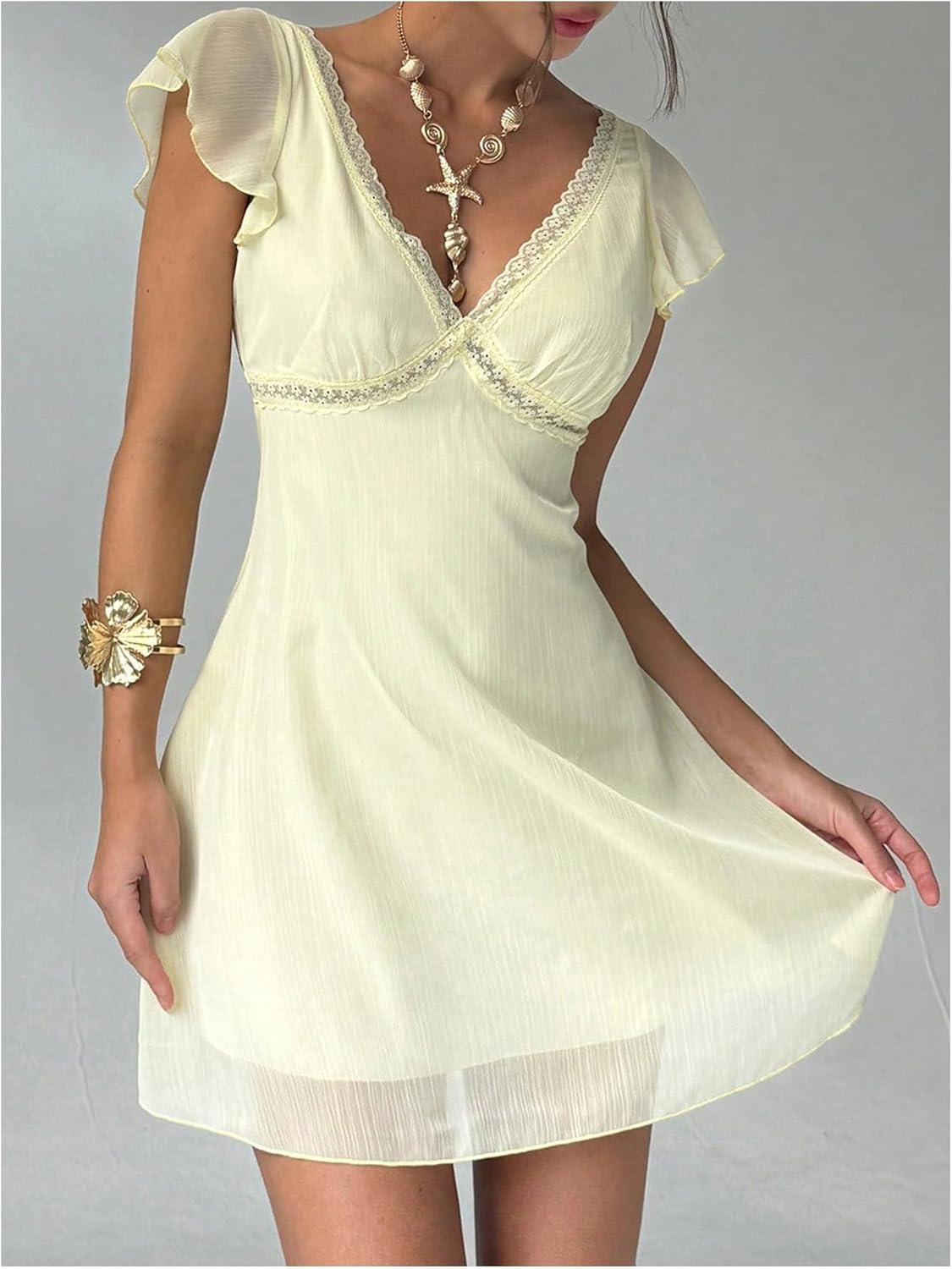 SOLY HUX Women's Lace Deep V Neck Mesh Summer Mini Dress Wedding Guest Vacation Dresses - Image 3