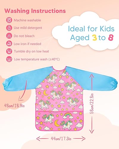 Miniatura 6 de Oiomniv Delantal de pintura para niños, impermeable, de manga larga, con 3 bolsillos, bata lavable para niños de 3 a 8 años