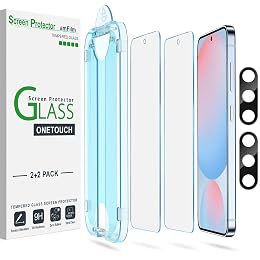 amFilm Auto-Alignment OneTouch for Samsung Galaxy S24 FE 6.7'' Screen Protector + Camera Lens Protector,Tempered Glass,30 seconds Installation, Bubble Free, Case Friendly, Anti-Scratch [2+2 Pack]