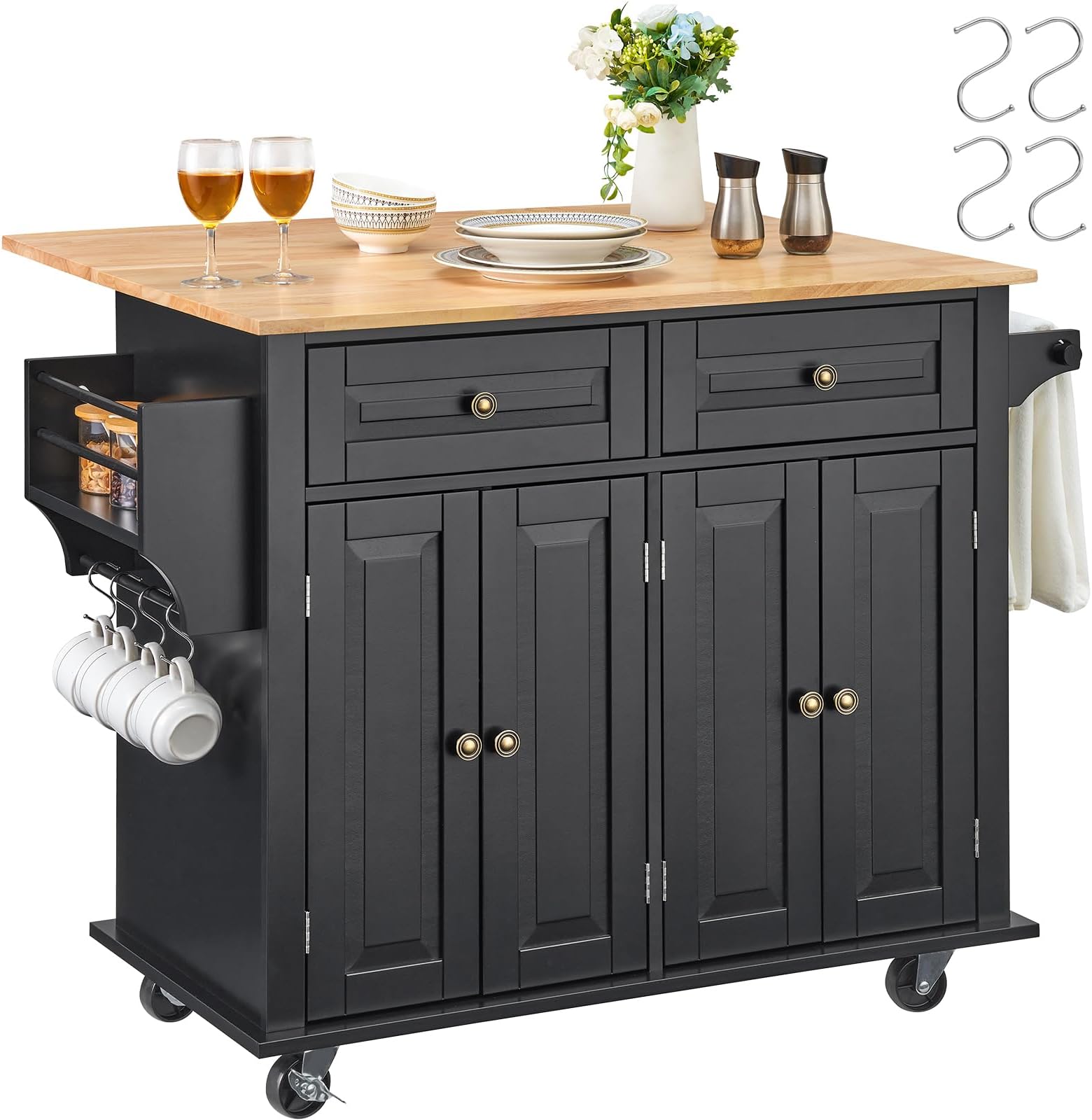 VEVOR Kitchen Island Cart, 35" Wood Top Mobile Carts with Storage Cabinet, Rolling Table with Drop Leaf, Spice Rack, Towel Bar, Adjustable Shelf, Drawer, and Hooks, Portable Islands on Wheels, Black