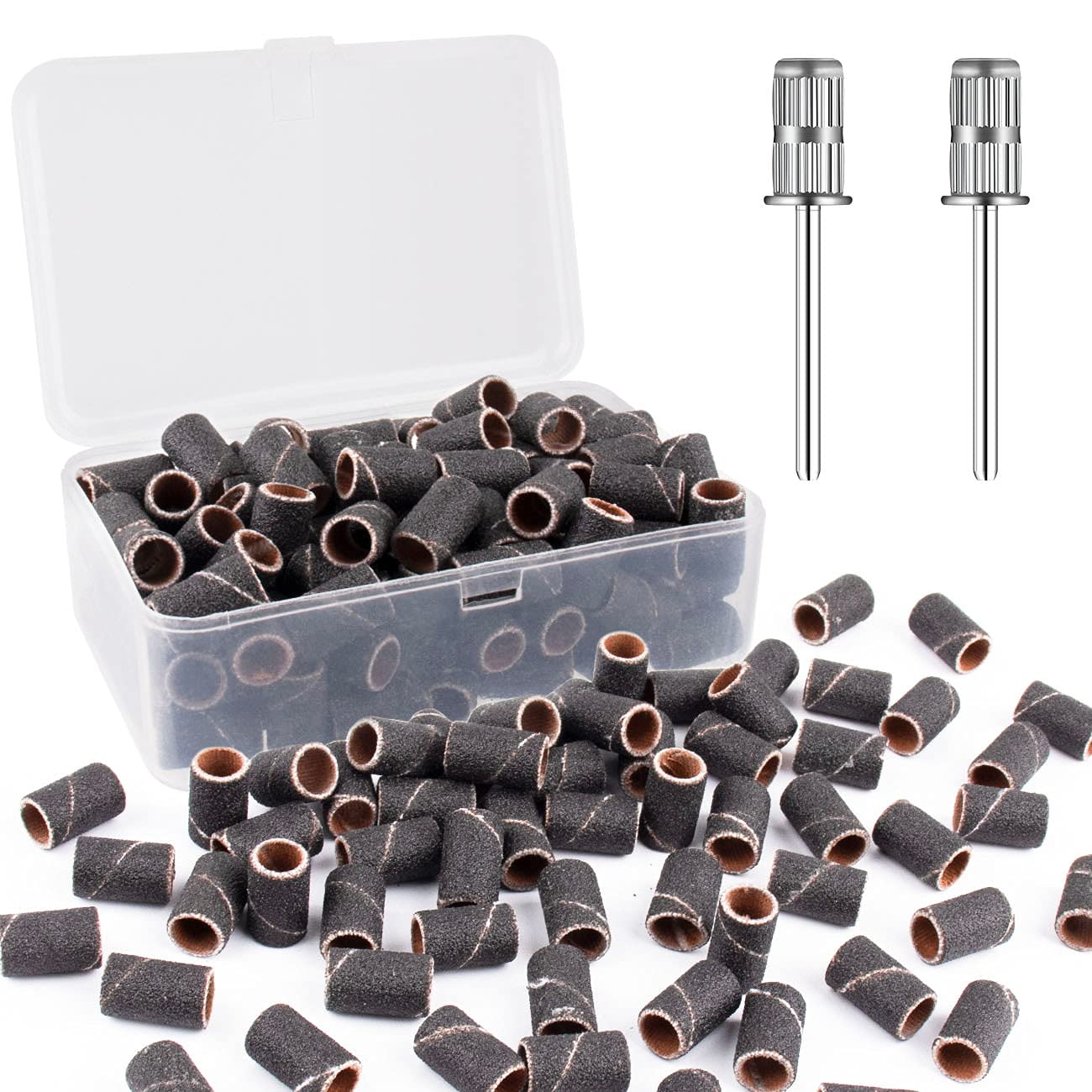 RolybagSanding Bands for Nail Drill,Drill Sanding Band with Storage Box,Include 100 fine Sand Bands and 2 Pieces Mandrel for Most Size 3/32" Nail Drill machine180#