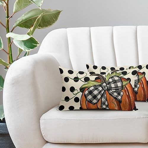 Miniatura 5 de Juego de 2 fundas de almohada lumbares de calabaza con lunares otoñales de 12 x 20 pulgadas, para decoración del hogar, sofá, porche, exteriores