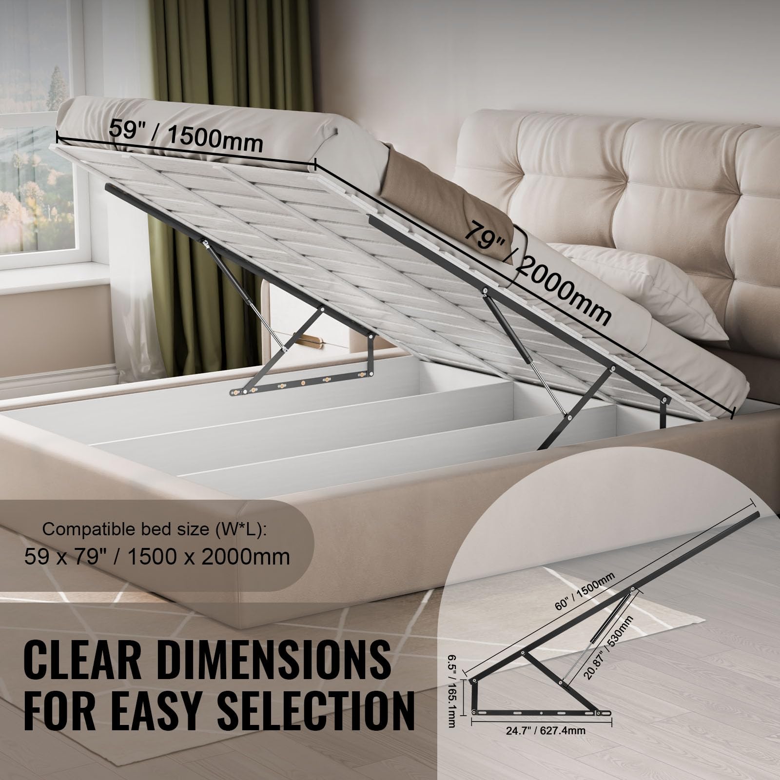 VEVOR Sollevatore per Letto, Dimensioni Letto Compatibili 1500 x 2000 mm Meccanismo di Sollevamento per Letto, Carico 120 kg Leva Pneumatica, Supporto Letto per Carichi Pesanti per Camera degli Ospiti