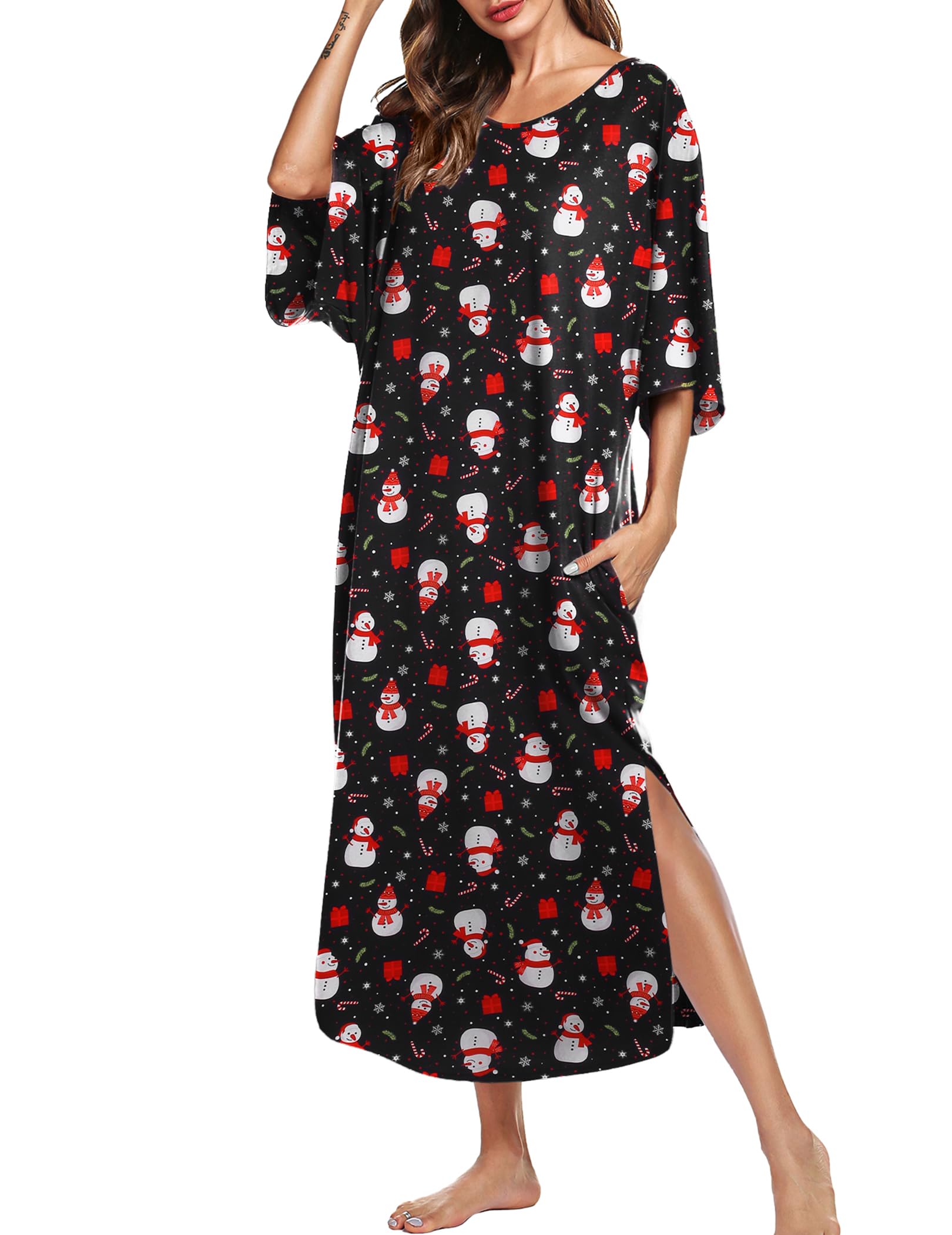 Ekouaer Long Nightgowns for Women Short Sleeve Night Gowns with Pockets | Casual Maxi Lounge Dress, Round Neck Sleep Dress, Plus Size House Dress, Side Split Sleepshirts for Lounging, Home, Party