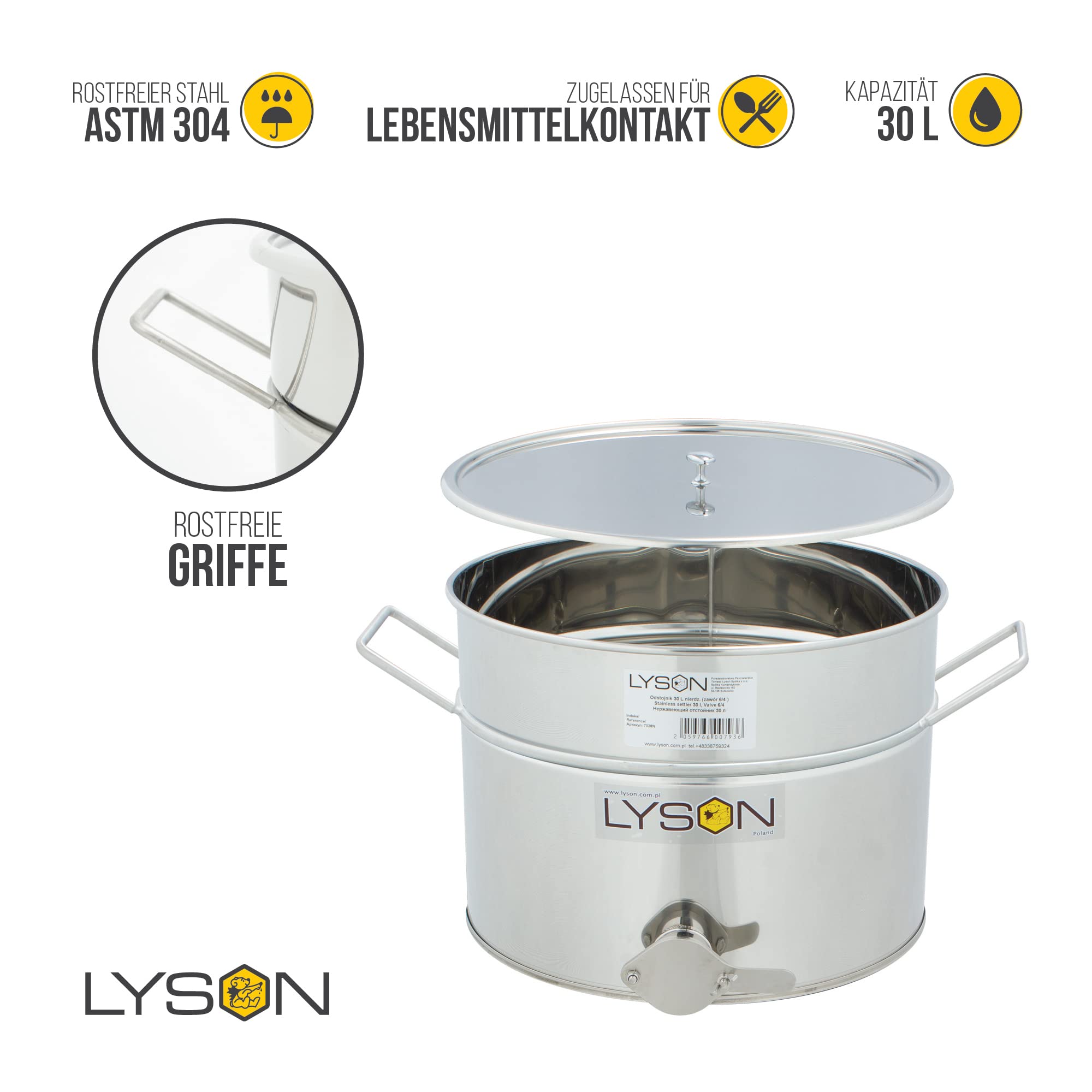 LYSON Abfüllbehälter 30l (ca. 40 kg) für Honig, Abfülleimer mit rostfreiem Quetschhahn, Edelstahl Absetzbehälter zum Honigaufbewaren mit Deckel und Griffen-Abfülltopf TYPE (304) Hobbock Abfüllkübel